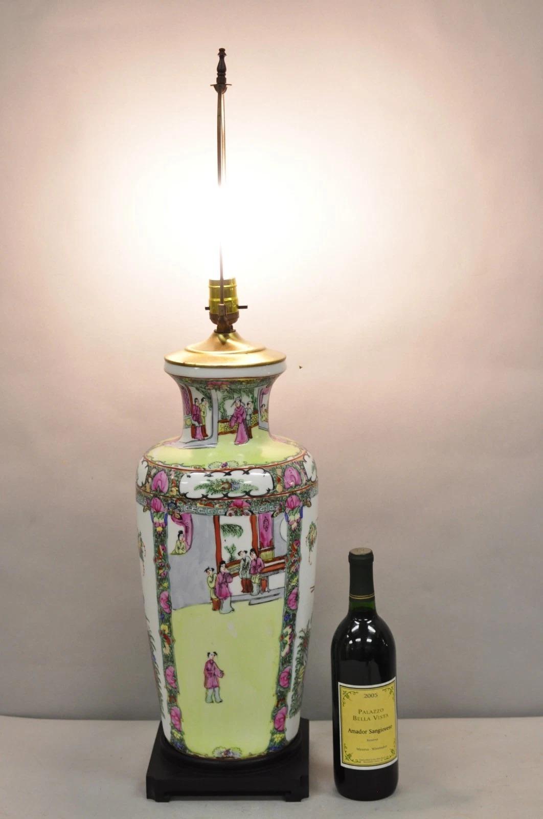 Vintage Chinese Porcelain Jardiniere Vase Hand Painted Green & White Table Lamp on Wooden Base. Circa Mid 20th Century. Measurements: 34