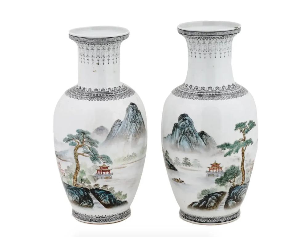 Vintage Chinese Porcelain Landscape Poetry Vases In Good Condition In New York, NY