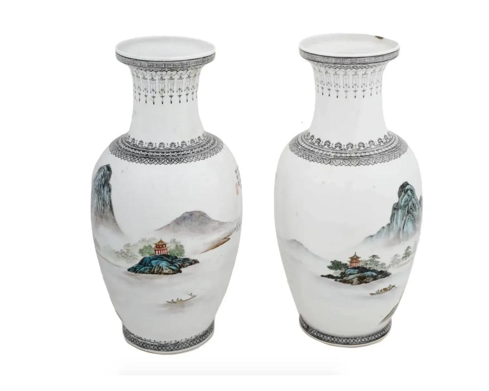 20th Century Vintage Chinese Porcelain Landscape Poetry Vases