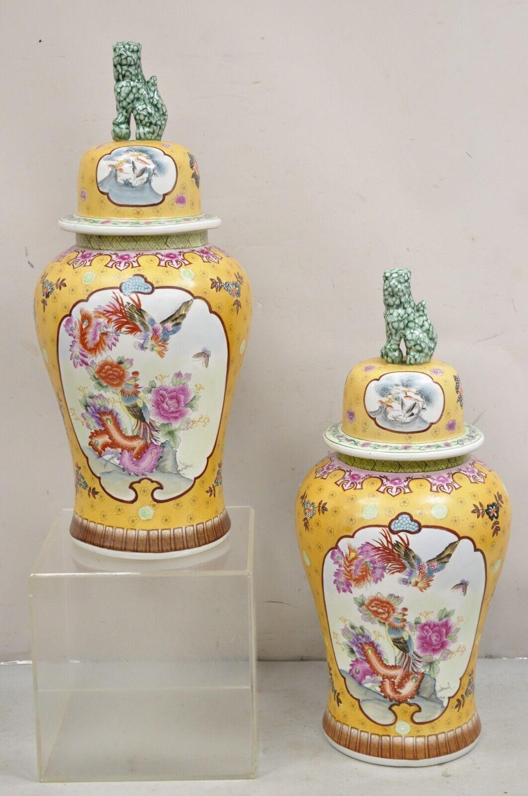 Vintage Chinese Porcelain Large Foo Dog Covered Temple Jar Ginger Jars - a Pair For Sale 7