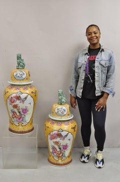 Vintage Chinese Porcelain Large Foo Dog Covered Temple Jar Ginger Jars - a Pair