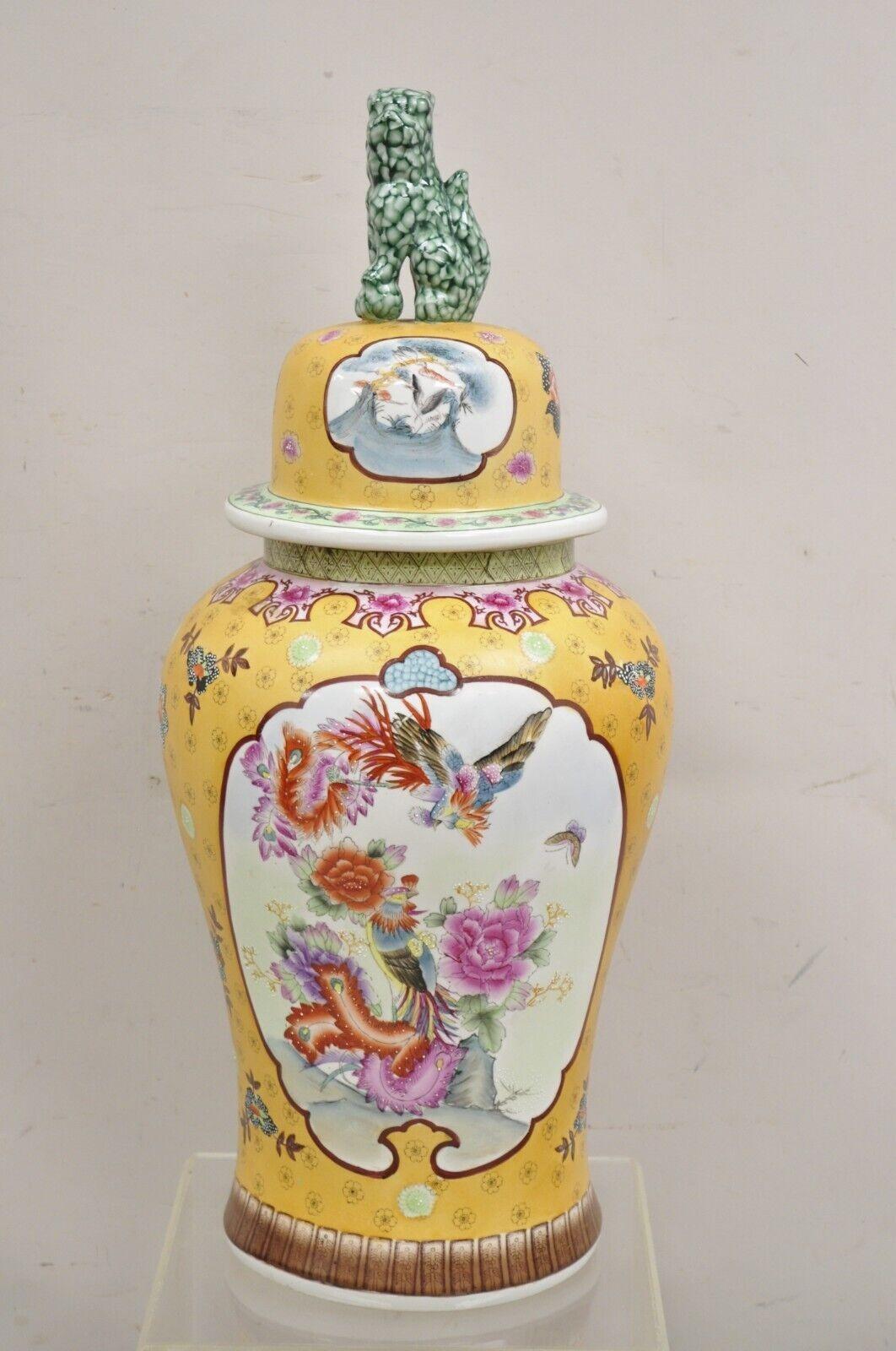 Chinoiserie Vintage Chinese Porcelain Large Foo Dog Covered Temple Jar Ginger Jars - a Pair For Sale