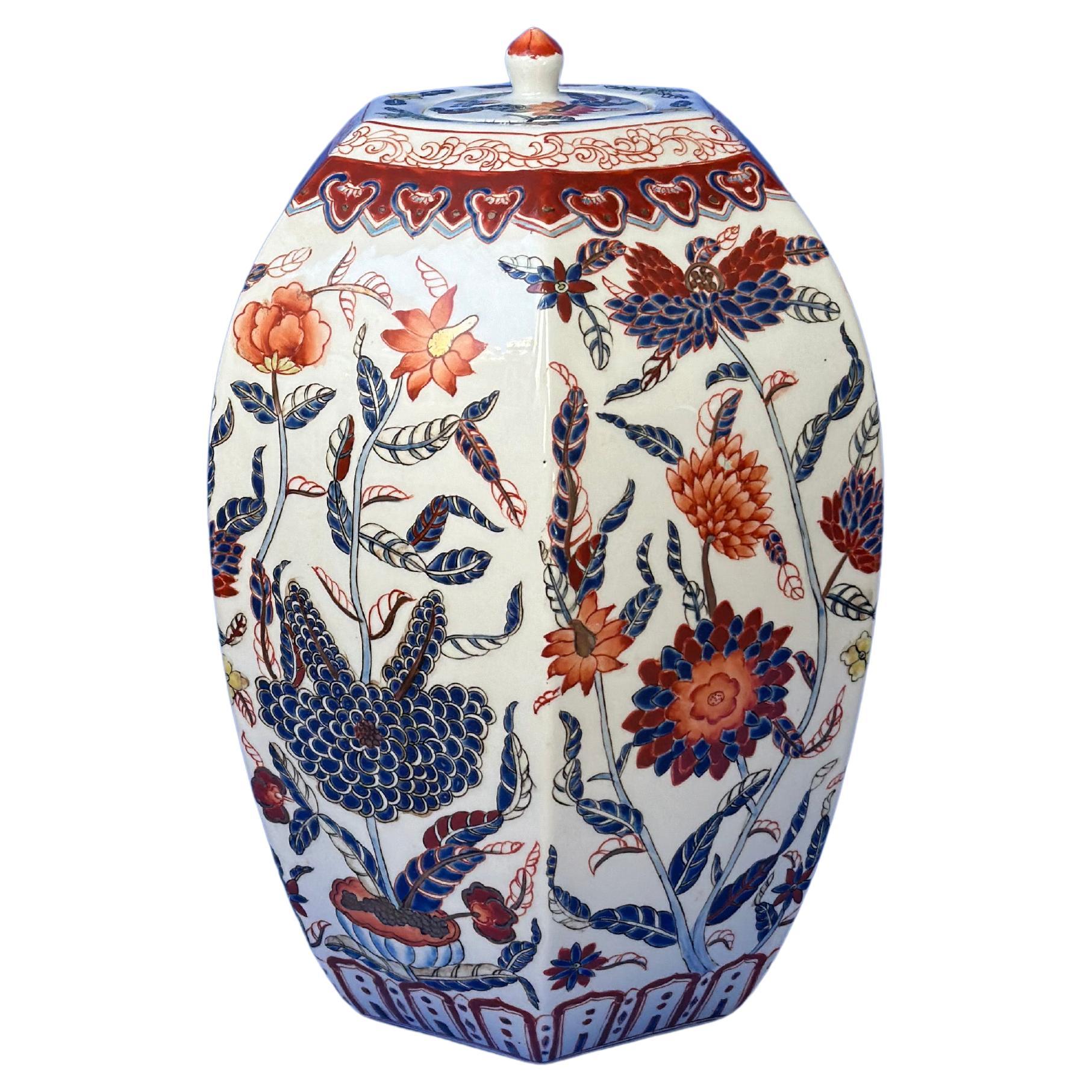 Vintage Chinese Porcelain Lidded Urn - Tongzhi - Red and Blue Floral Decoration 