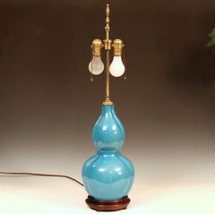 Vintage Chinese Porcelain Lobed Double Gourd Turquoise Blue Vase Lamp
