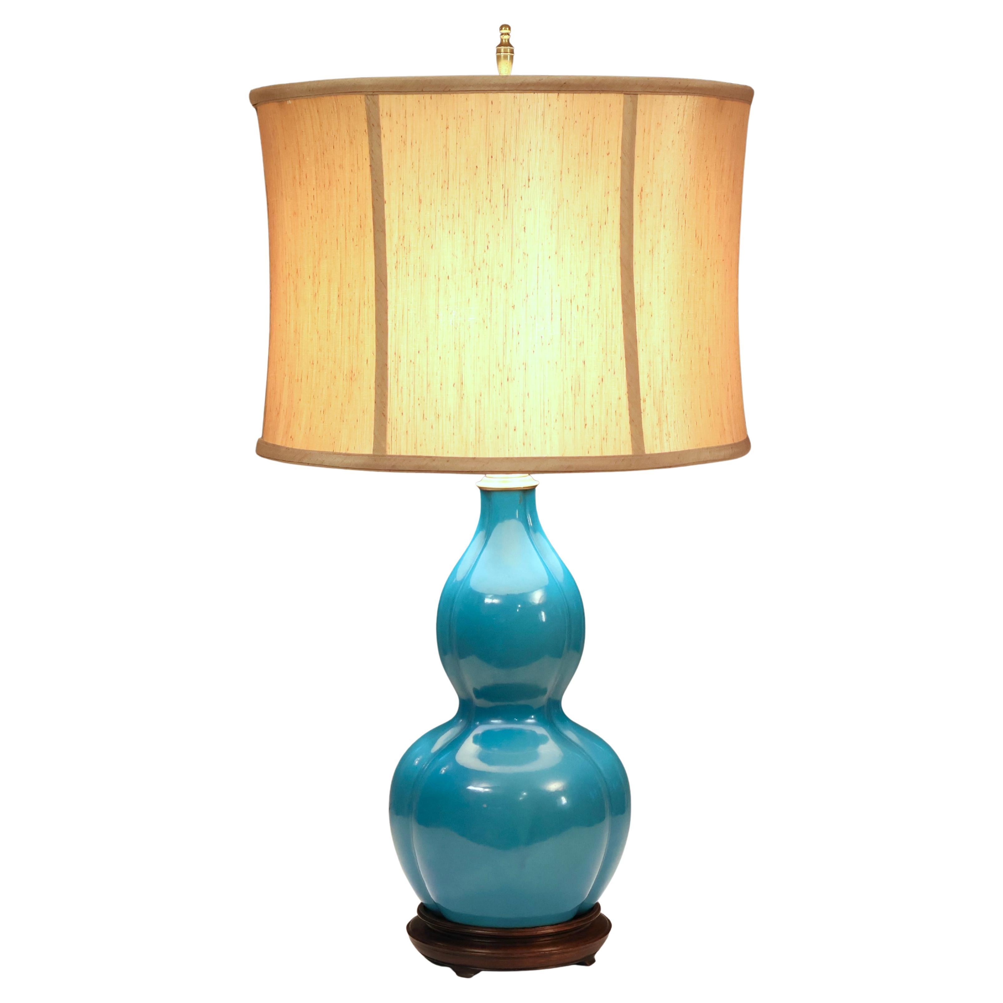 Vintage Chinese Porcelain Lobed Double Gourd Turquoise Blue Vase Lamp For Sale