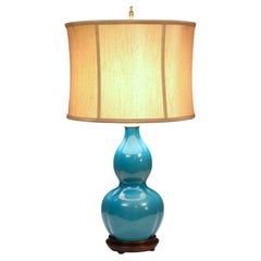 Vintage Chinese Porcelain Lobed Double Gourd Turquoise Blue Vase Lamp