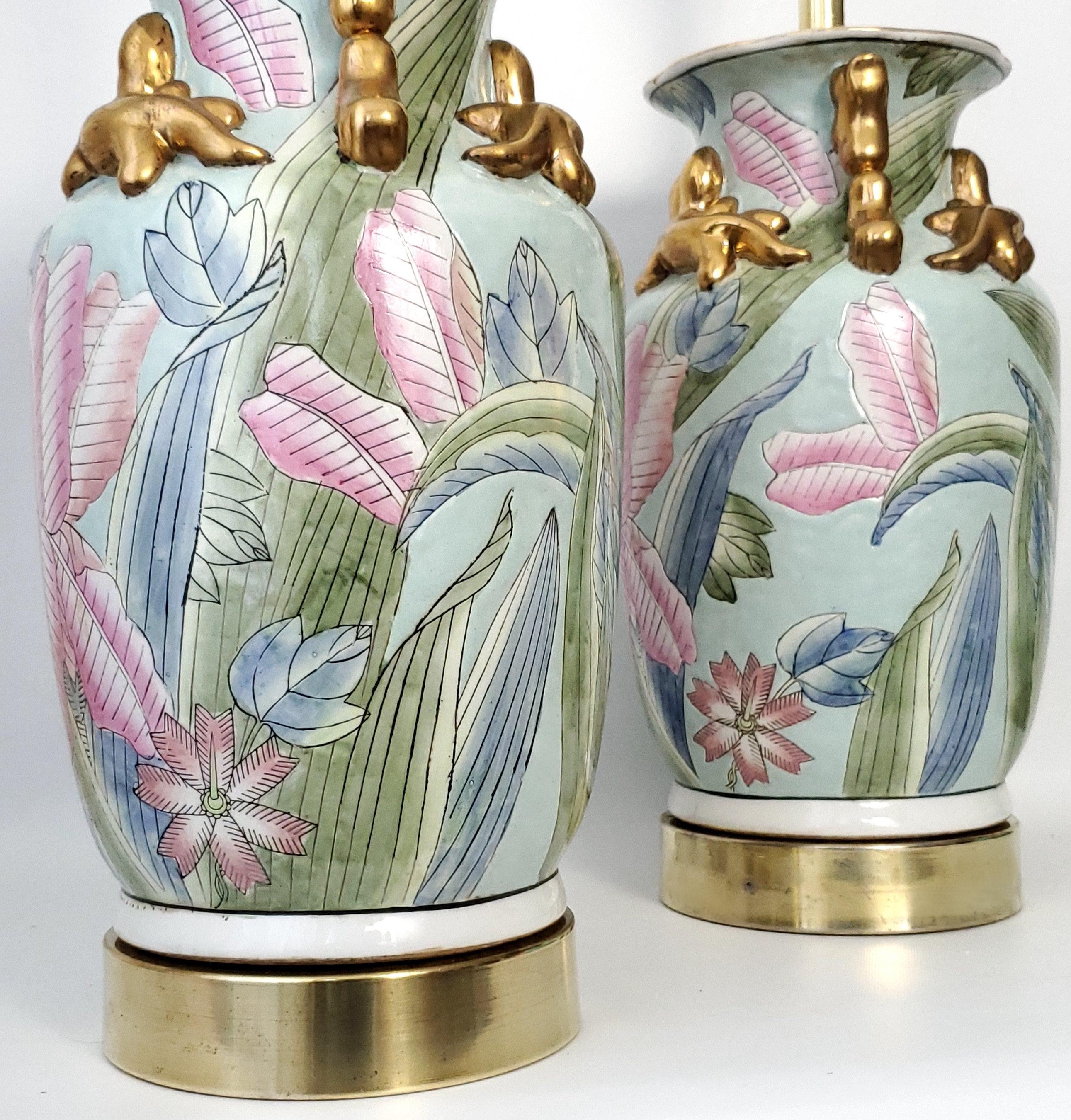 Vintage Chinese Porcelain Pastel Tobacco Leaf Table Lamps with Turquoise Shades For Sale 3