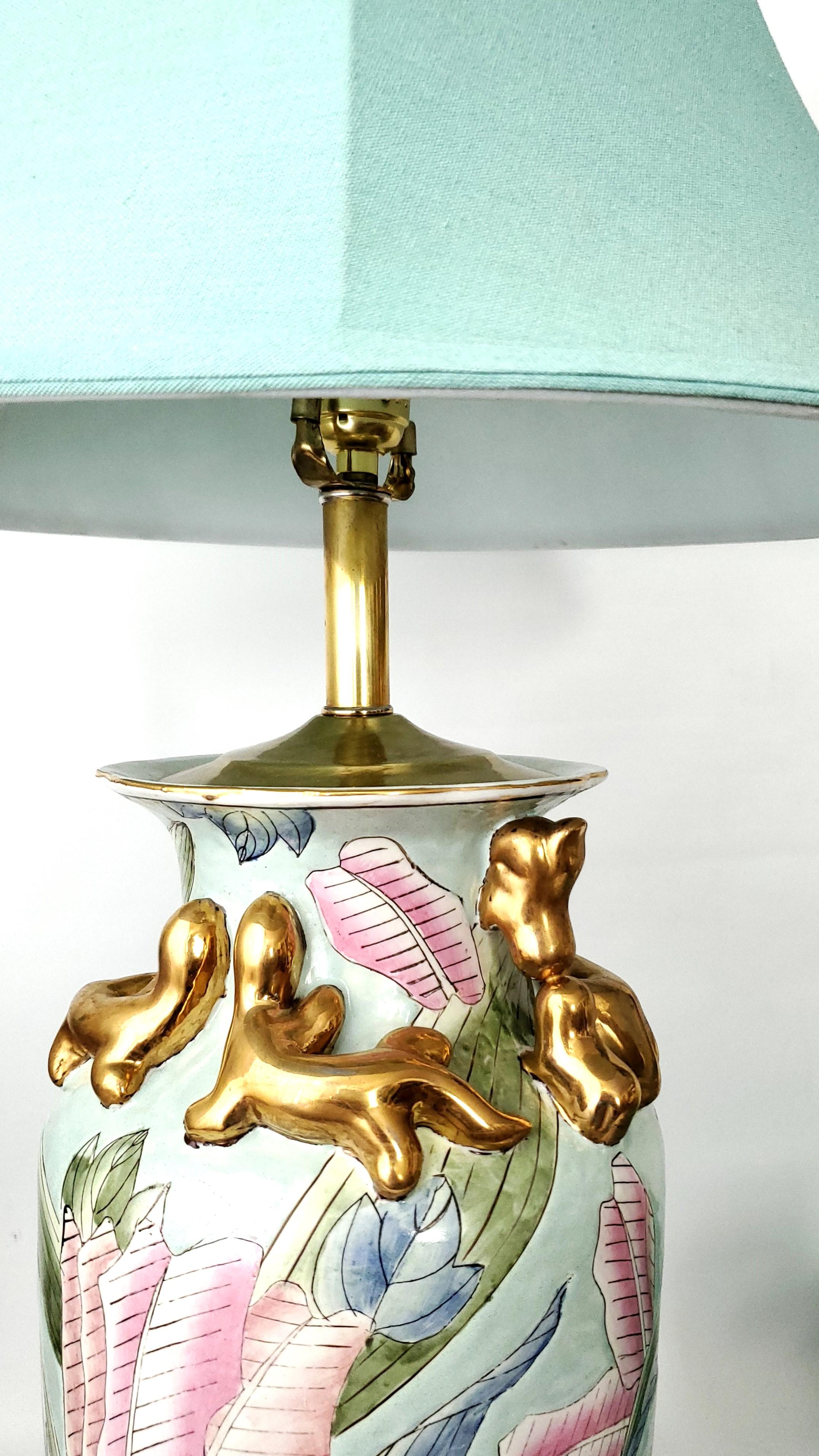 Vintage Chinese Porcelain Pastel Tobacco Leaf Table Lamps with Turquoise Shades For Sale 6