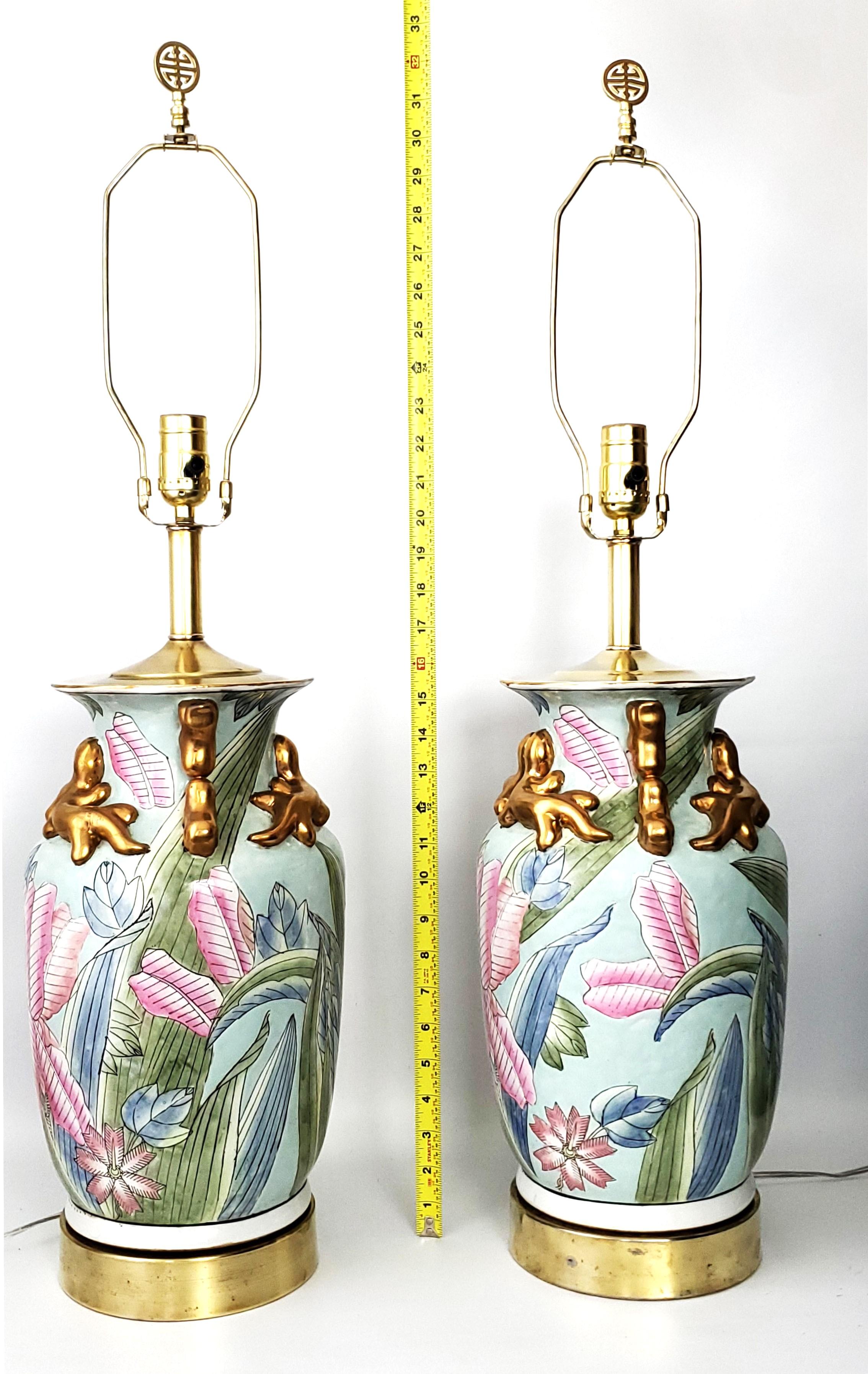 Hand-Painted Vintage Chinese Porcelain Pastel Tobacco Leaf Table Lamps with Turquoise Shades For Sale