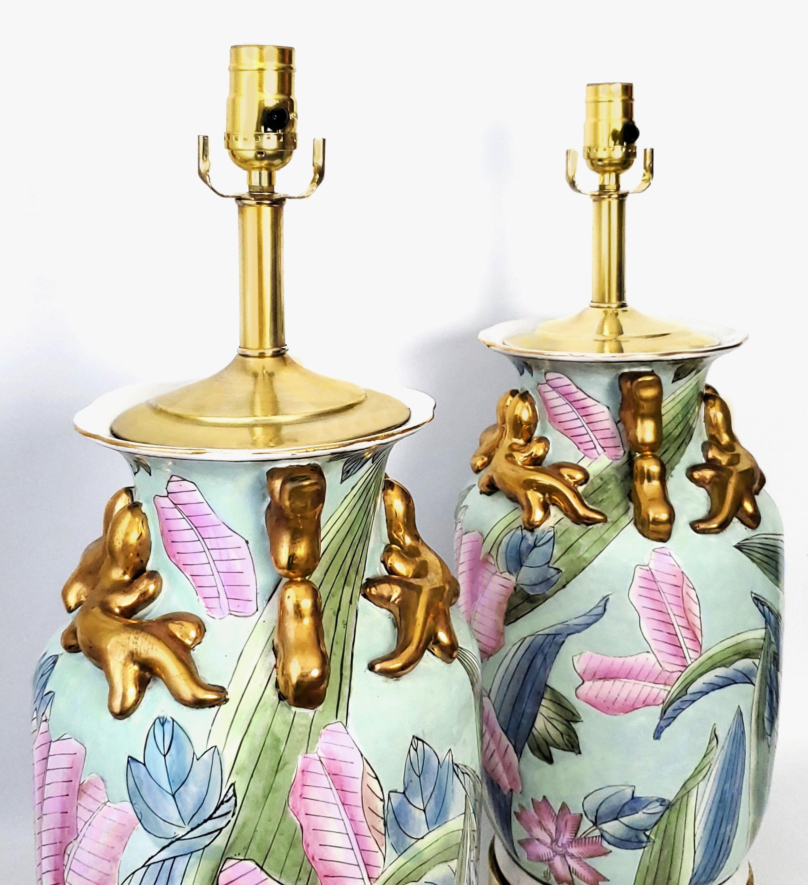 Paint Vintage Chinese Porcelain Pastel Tobacco Leaf Table Lamps with Turquoise Shades For Sale