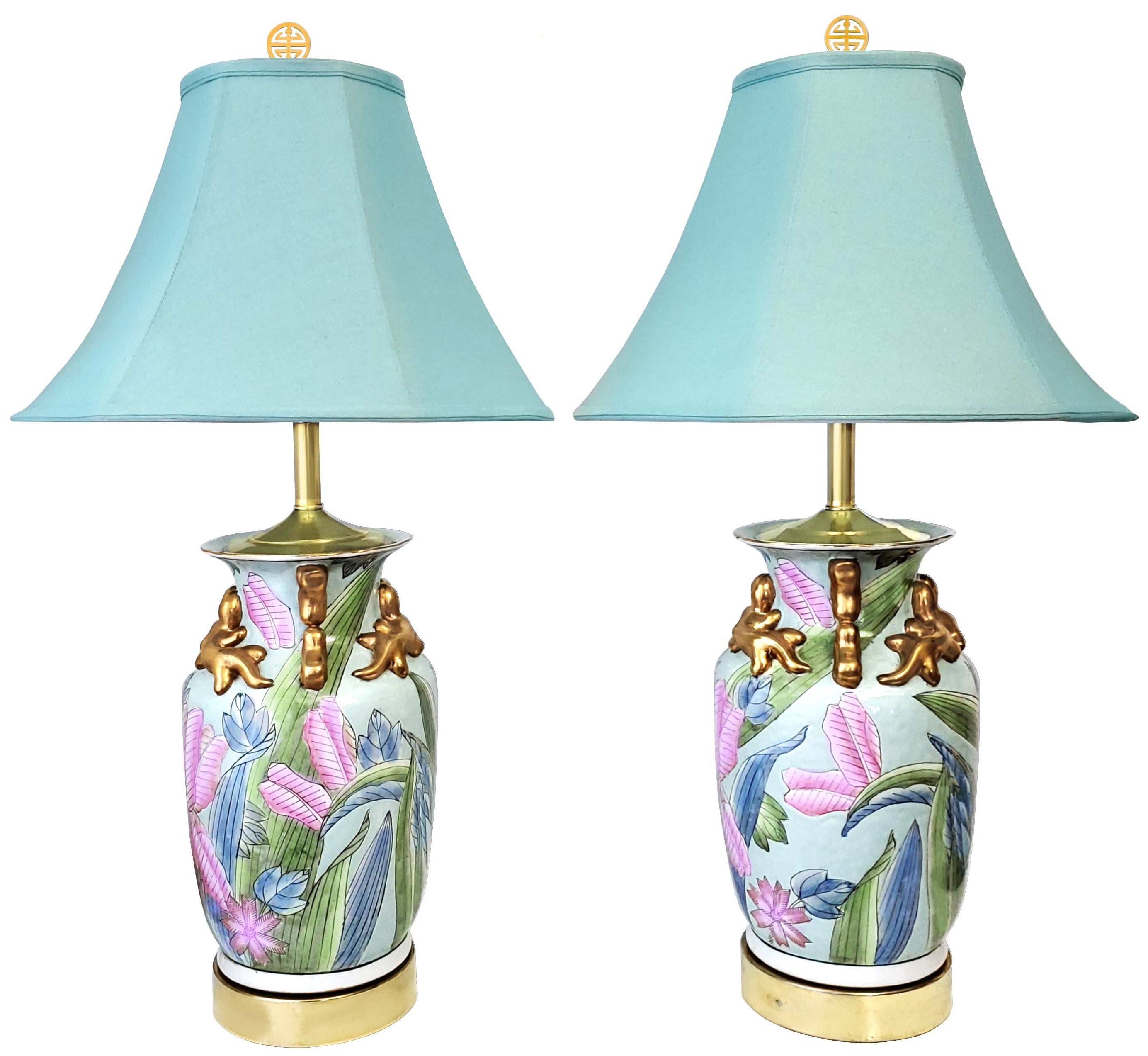 Vintage Chinese Porcelain Pastel Tobacco Leaf Table Lamps with Turquoise Shades