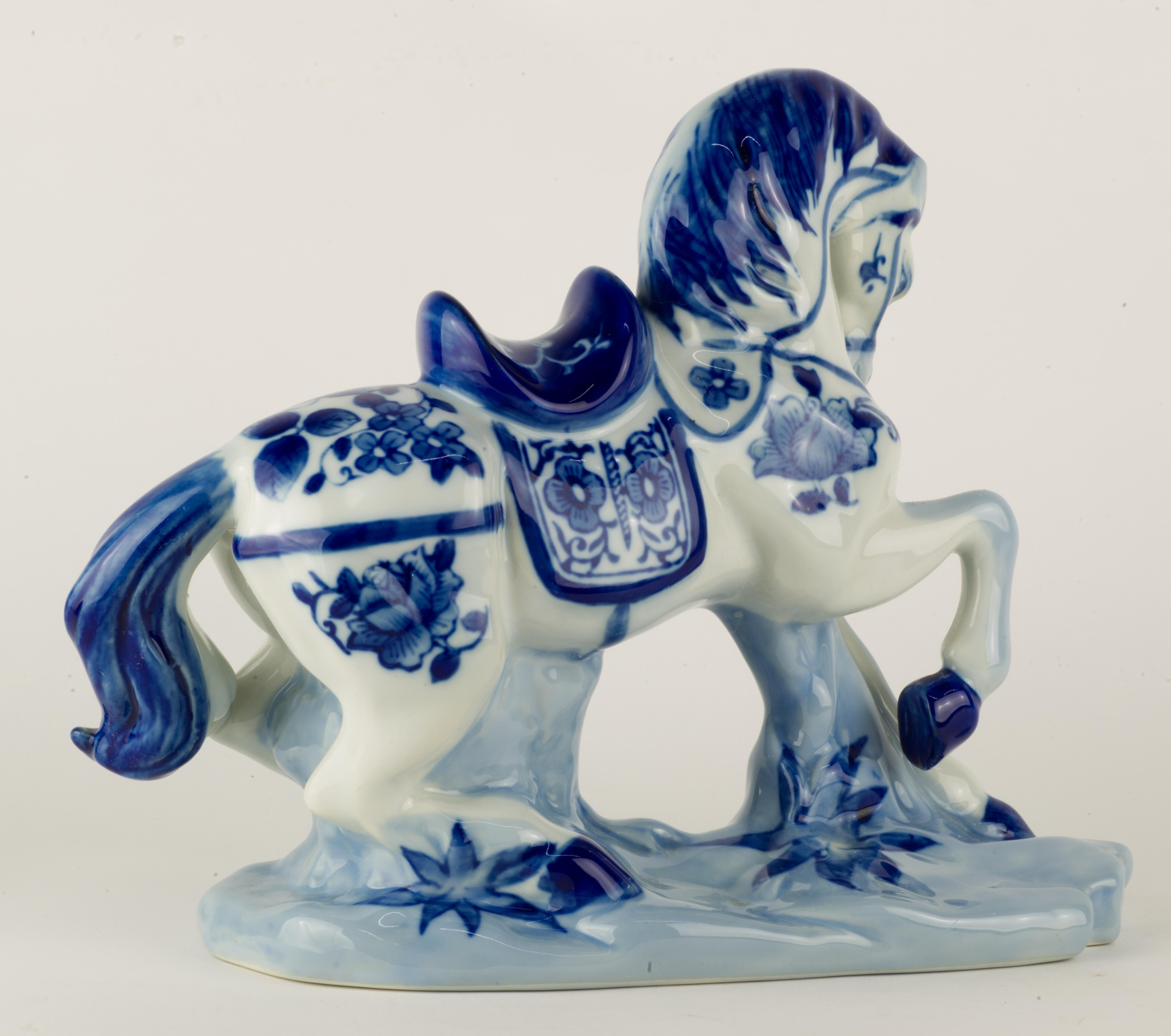 Chinoiserie Vintage Chinese Porcelain Saddled Horse Figurine Blue and White 1960s For Sale
