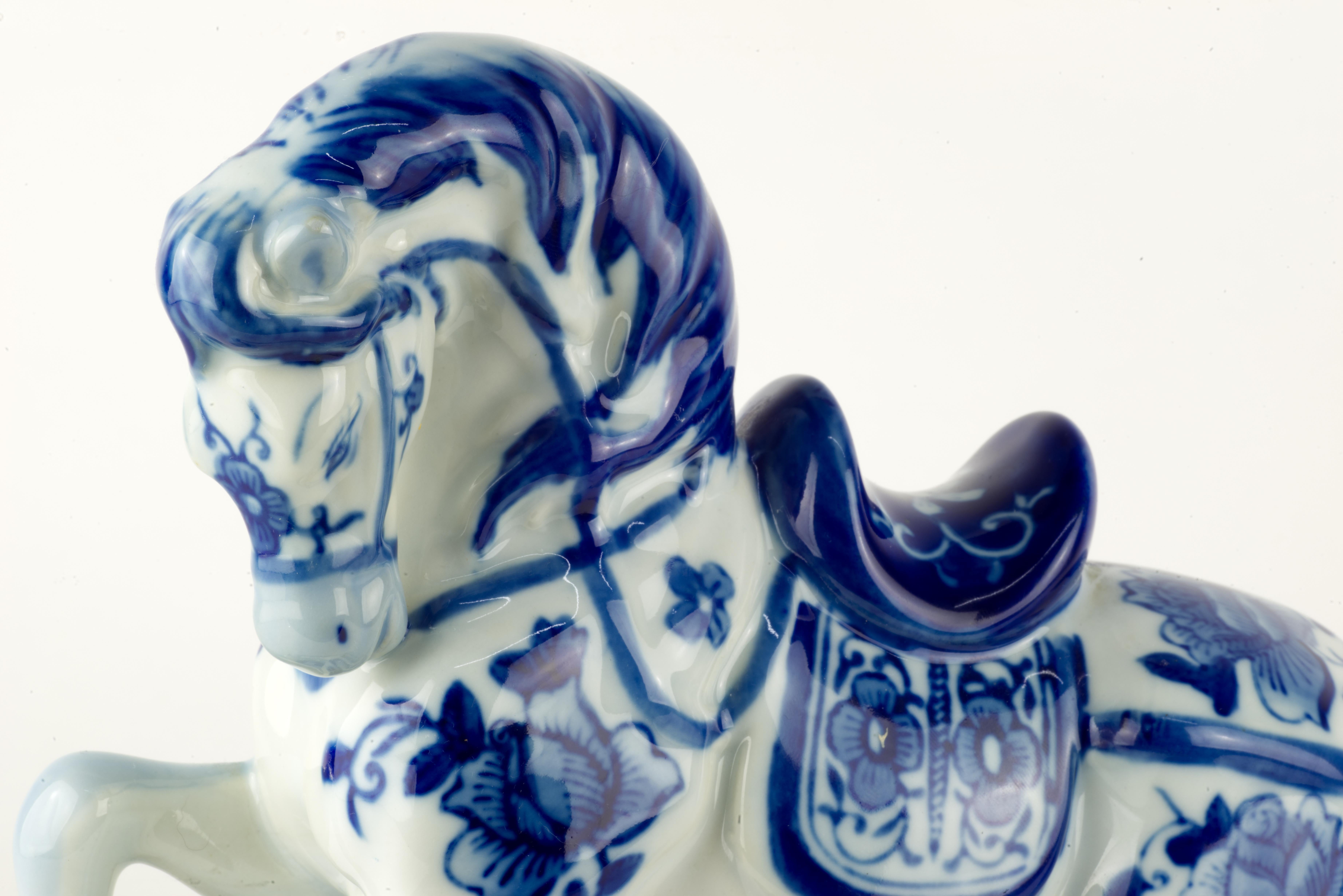 Ceramic Vintage Chinese Porcelain Saddled Horse Figurine Blue and White 1960s For Sale