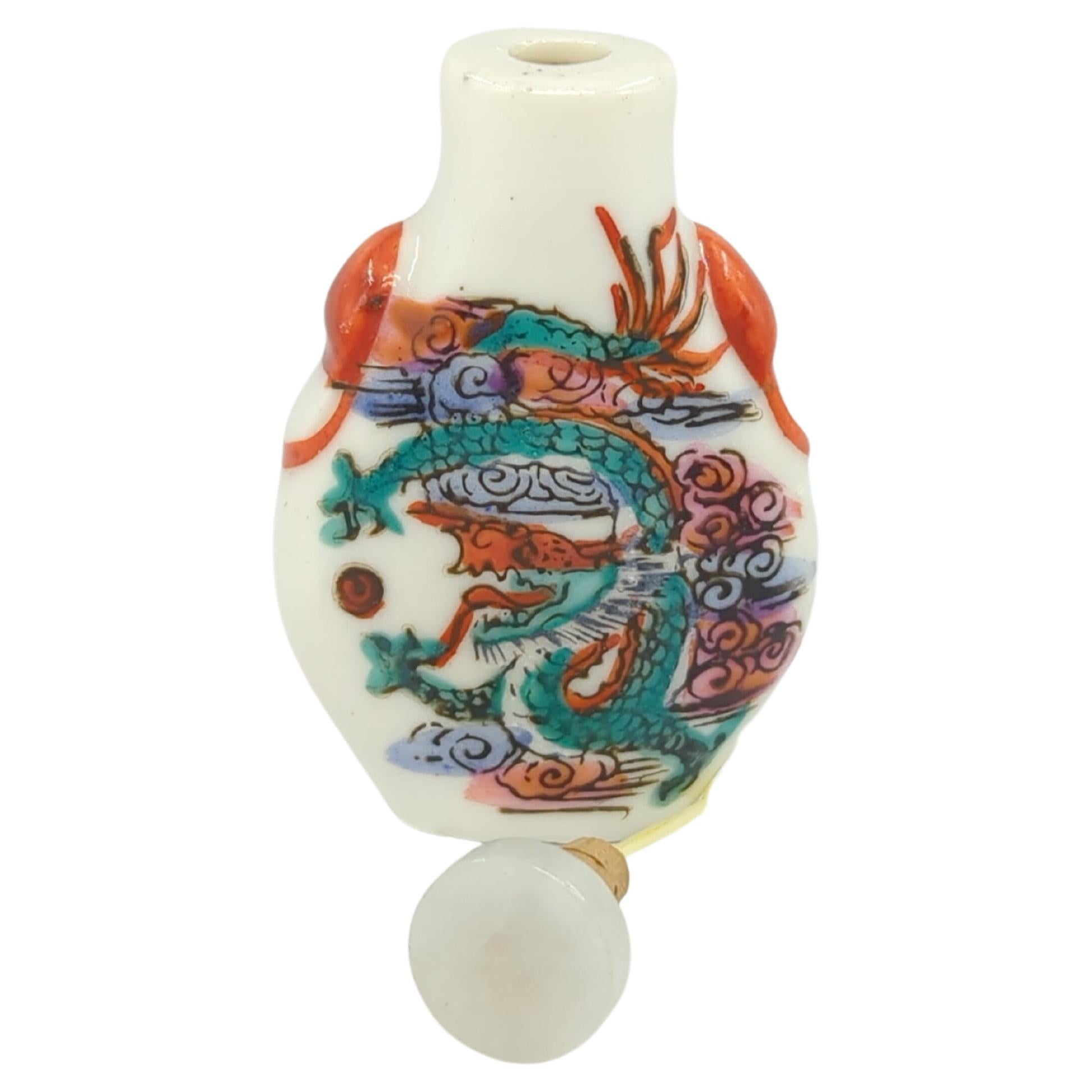 Vintage Chinese Porcelain Snuff Bottle - Dragon - Jade Stopper 20th Century For Sale 6