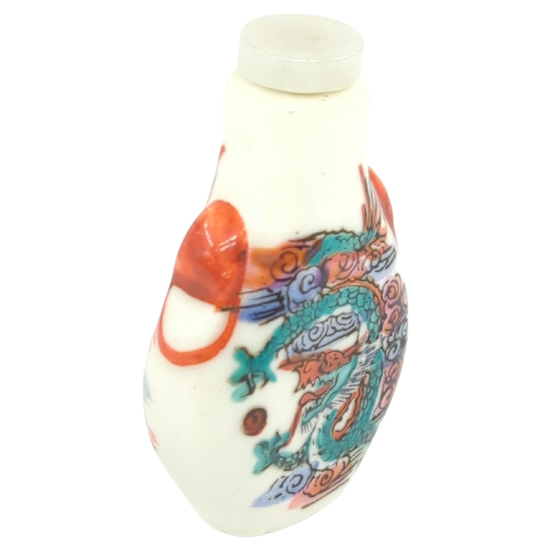 Vintage Chinese Porcelain Snuff Bottle - Dragon - Jade Stopper 20th Century In Good Condition For Sale In Richmond, CA