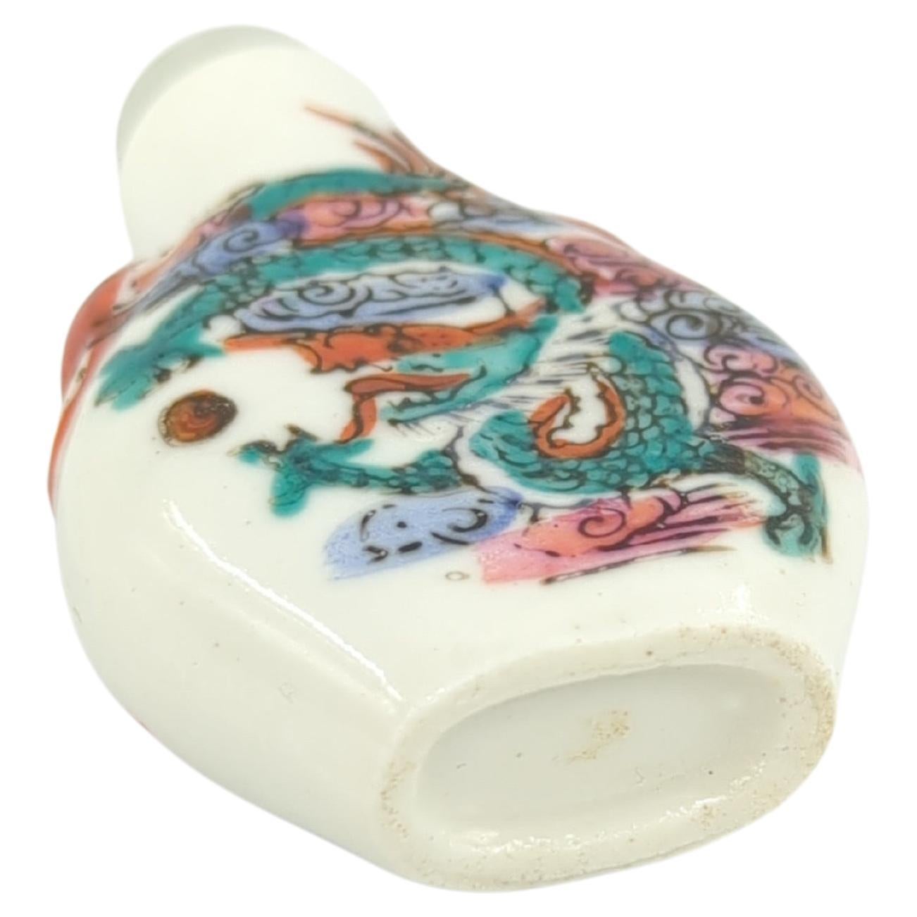 Vintage Chinese Porcelain Snuff Bottle - Dragon - Jade Stopper 20th Century For Sale 2