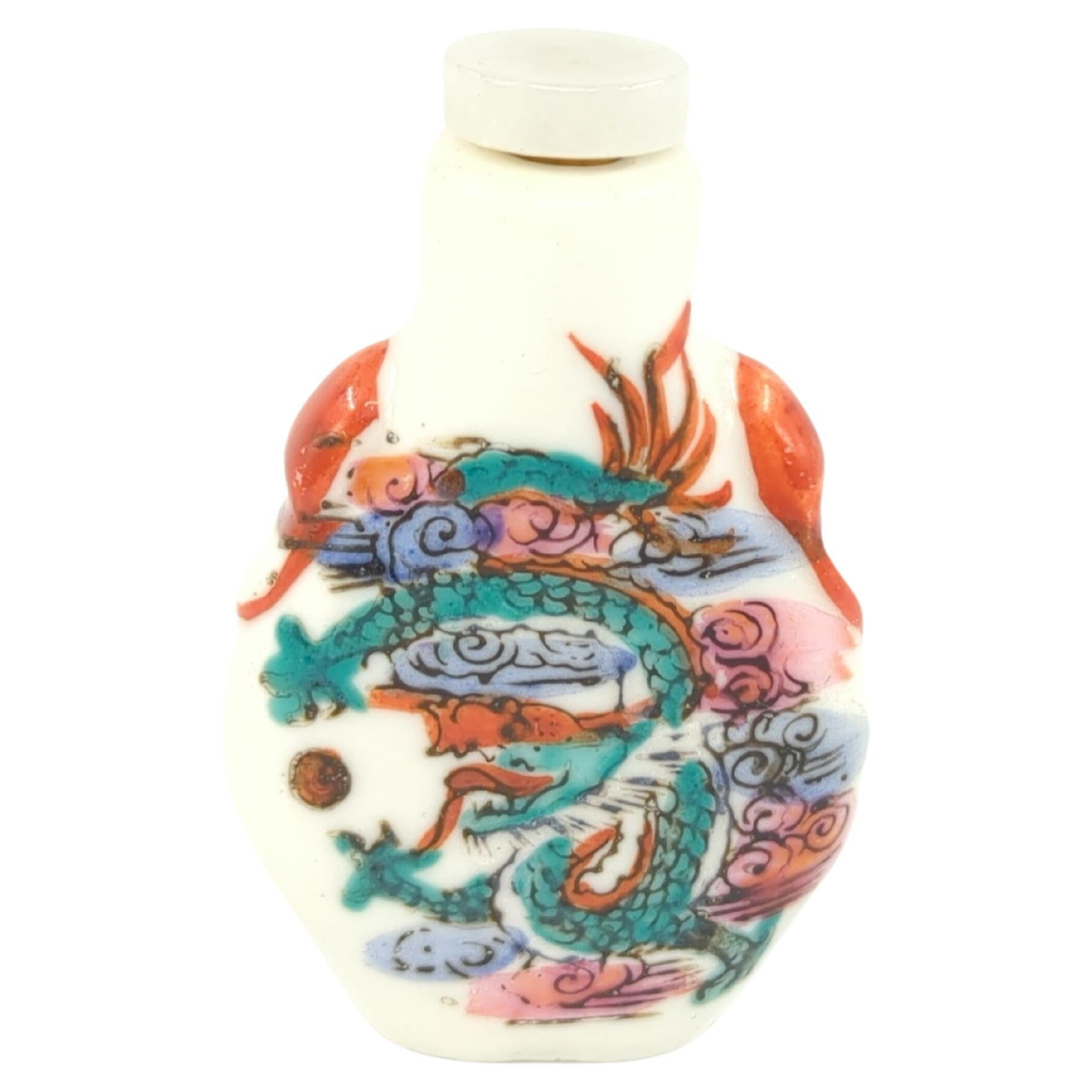 Vintage Chinese Porcelain Snuff Bottle - Dragon - Jade Stopper 20th Century