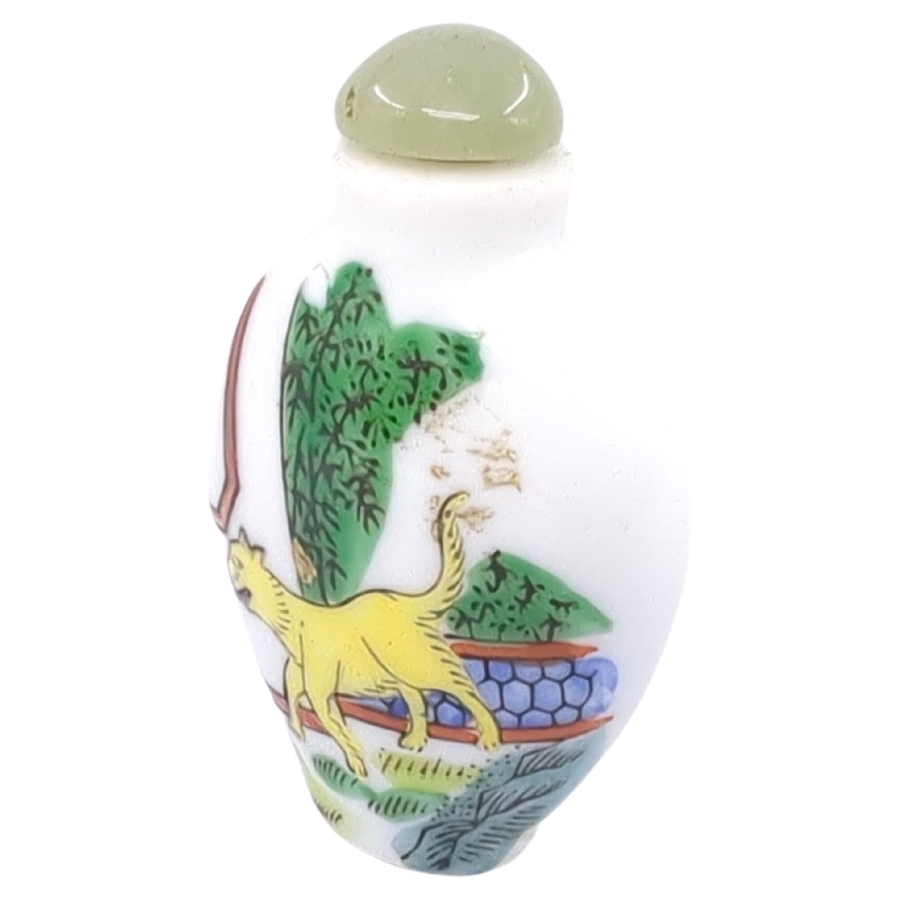 Vintage Chinese Porcelain Snuff Bottle Fencai Dog in Courtyard Jade Stopper 20c For Sale 5