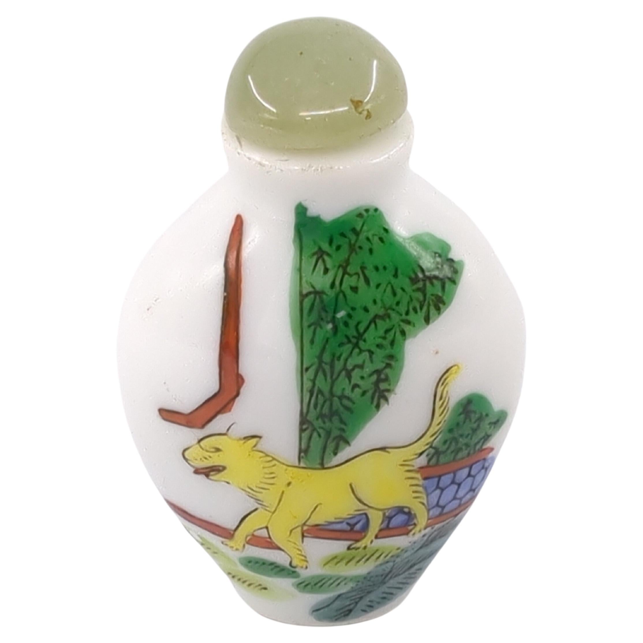 Qing Vintage Chinese Porcelain Snuff Bottle Fencai Dog in Courtyard Jade Stopper 20c For Sale