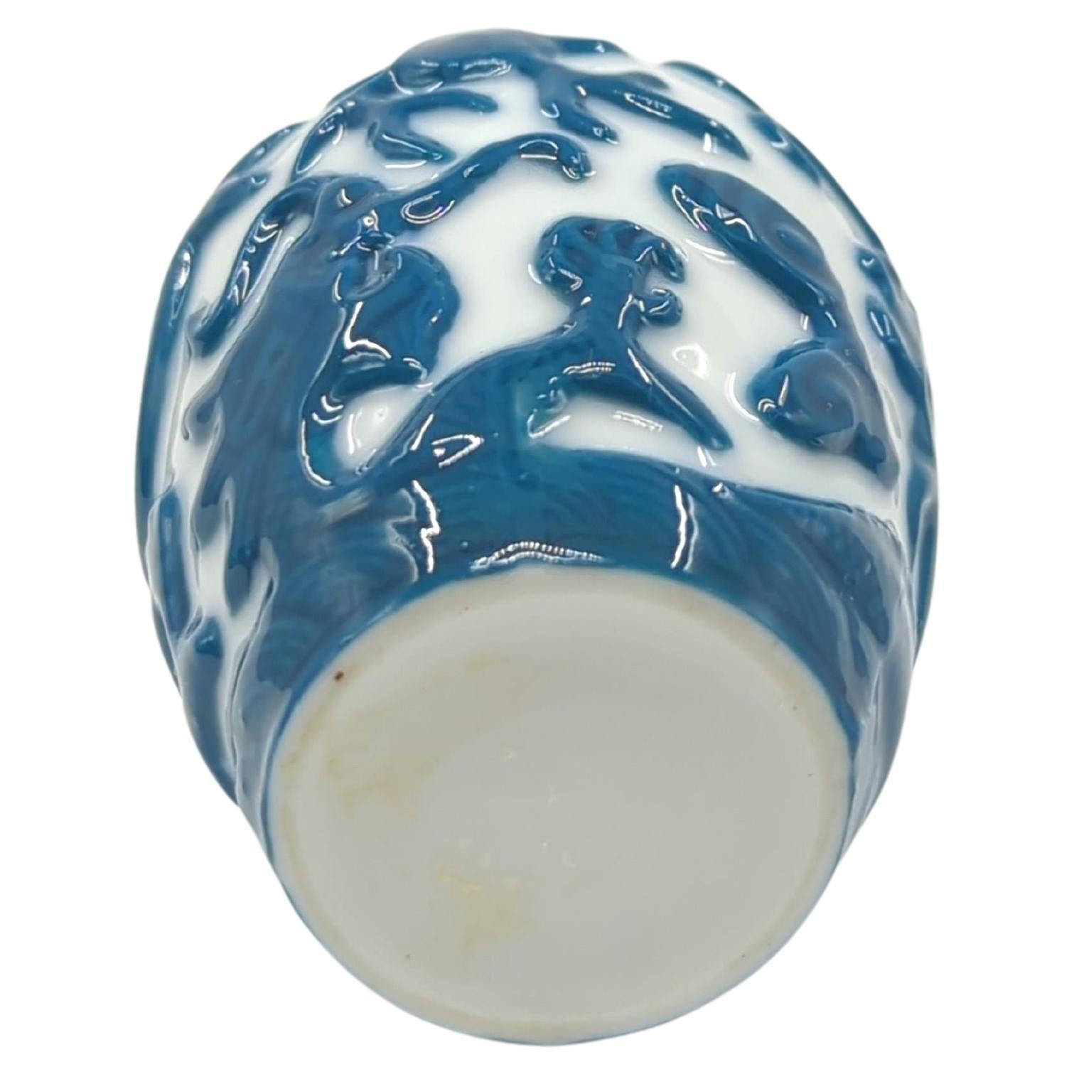 Vintage Chinese Porcelain Snuff Bottle Cobalt Blue Relief 5 Claw Dragons Mid-20c For Sale 5