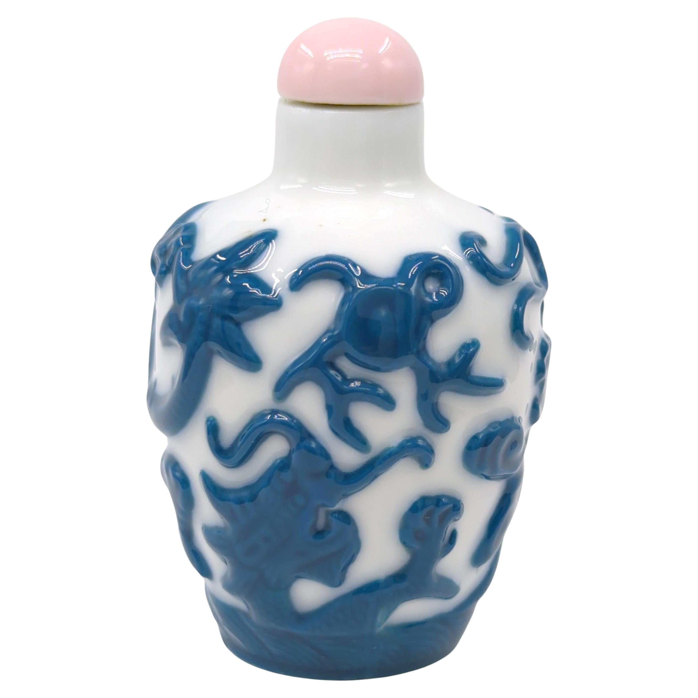 Qing Vintage Chinese Porcelain Snuff Bottle Cobalt Blue Relief 5 Claw Dragons Mid-20c For Sale