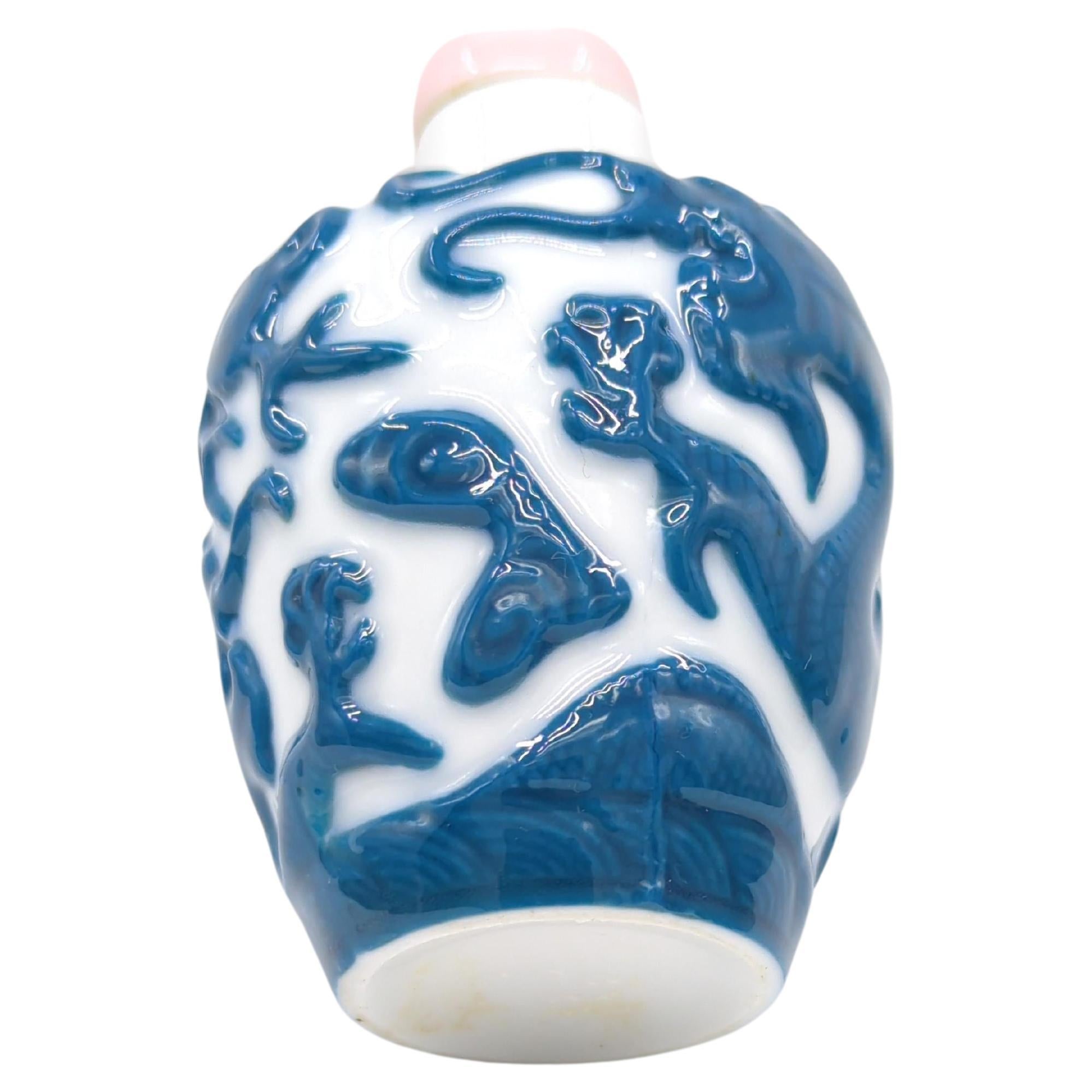 Vintage Chinese Porcelain Snuff Bottle Cobalt Blue Relief 5 Claw Dragons Mid-20c In Good Condition For Sale In Richmond, CA