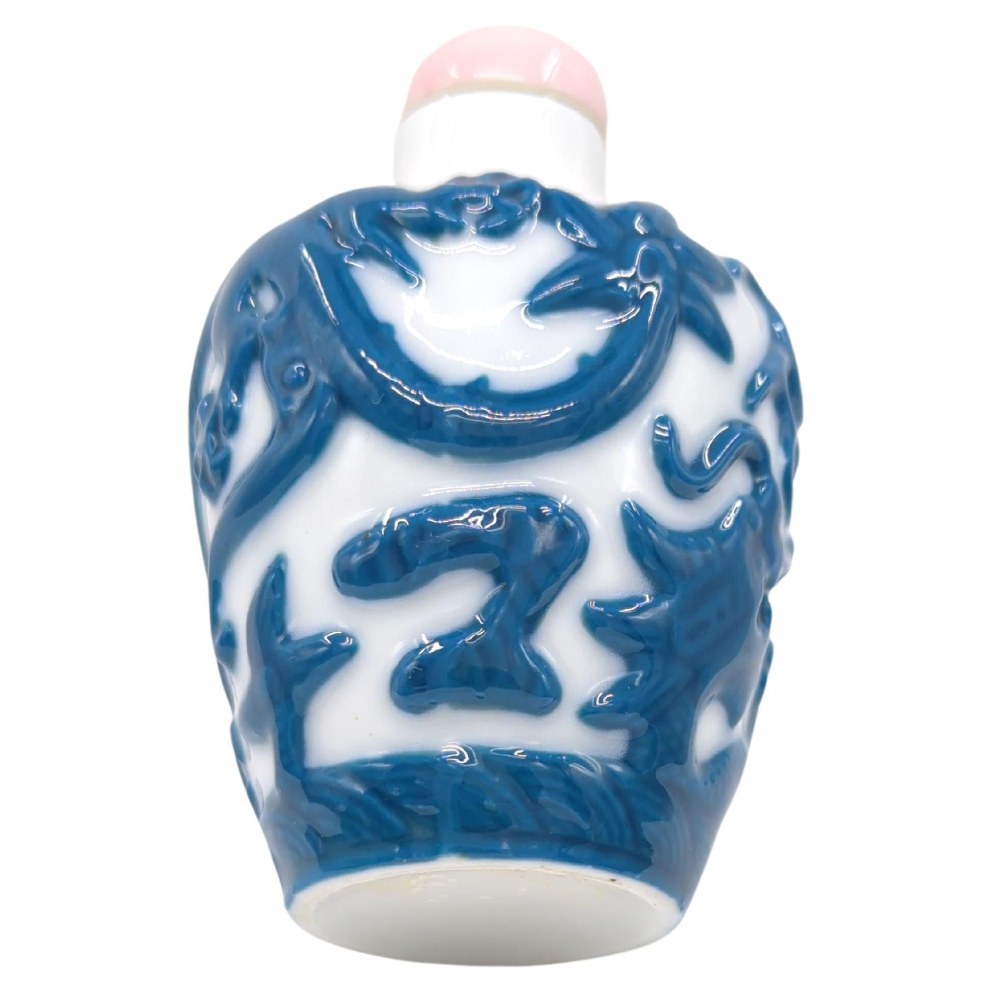 20th Century Vintage Chinese Porcelain Snuff Bottle Cobalt Blue Relief 5 Claw Dragons Mid-20c For Sale