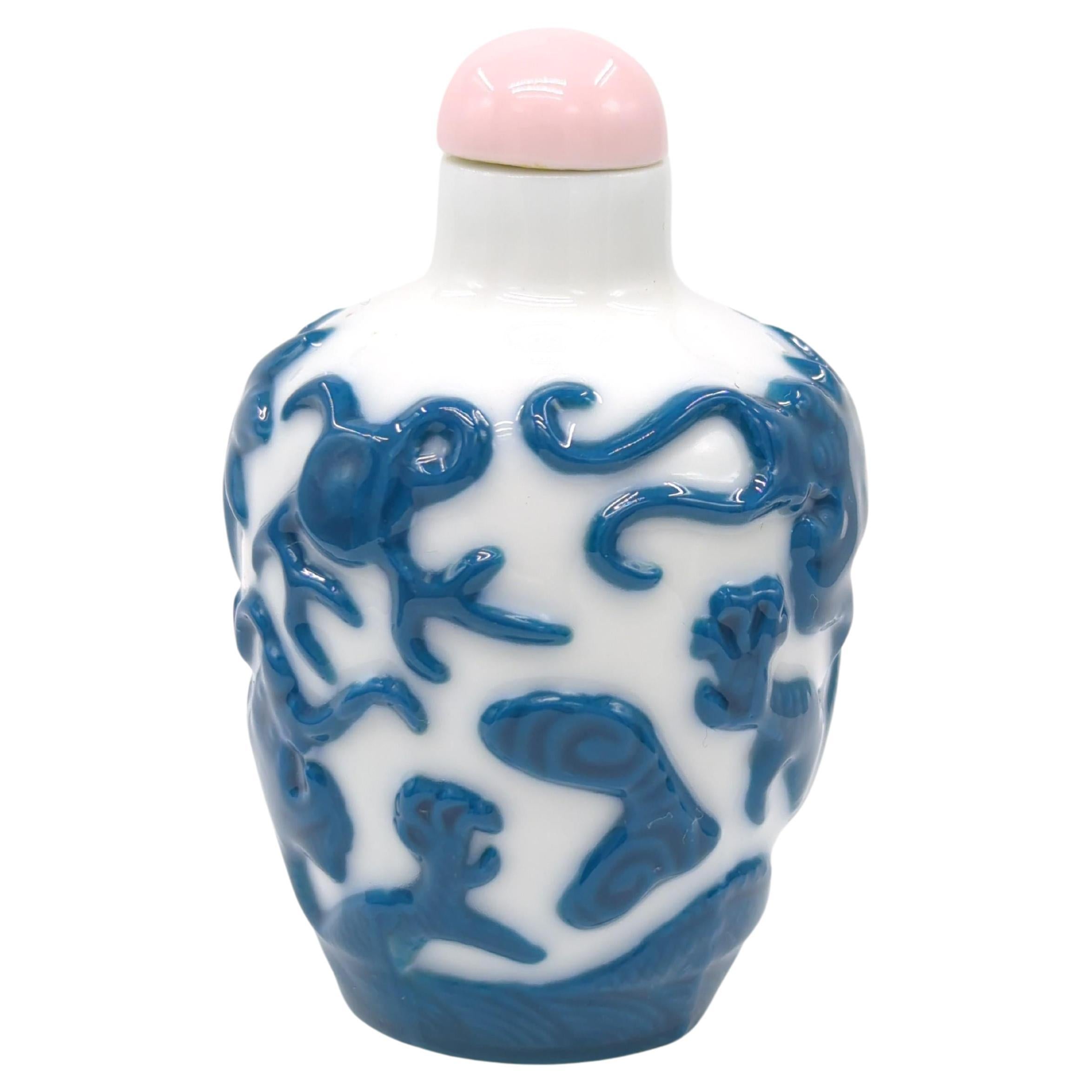 Vintage Chinese Porcelain Snuff Bottle Cobalt Blue Relief 5 Claw Dragons Mid-20c For Sale 1