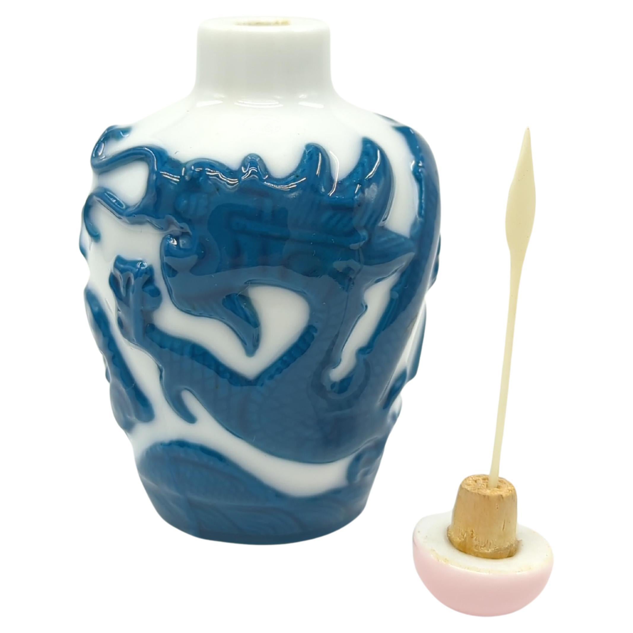 Vintage Chinese Porcelain Snuff Bottle Cobalt Blue Relief 5 Claw Dragons Mid-20c For Sale 2