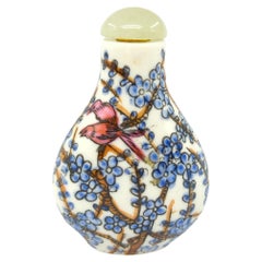 Vintage Chinese Porcelain Snuff Bottle -Two Birds in Tree - Jade Stopper 20c