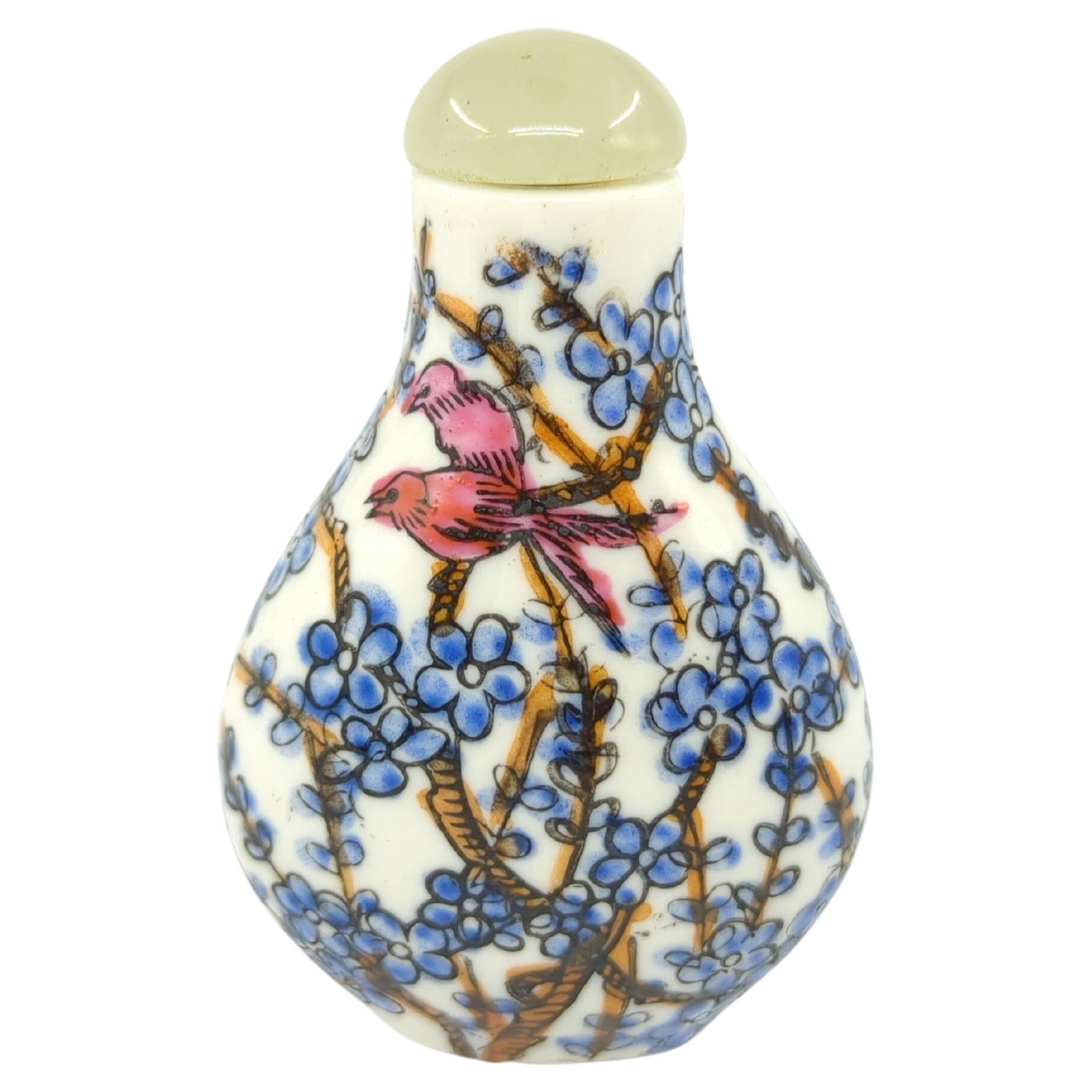 Chinesische Vintage-Schnupftabakflasche aus Porzellan – zwei Vögel im Baum – Jade- Stopper 20c