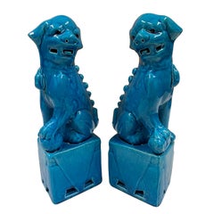 Vintage Chinese Porcelain Turquoise Foo Dog Figurines - a Pair