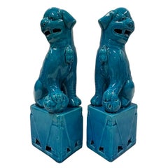 Vintage Chinese Porcelain Turquoise Foo Dog Figurines - a Pair