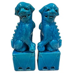 Retro Chinese Porcelain Turquoise Foo Dog Figurines - a Pair
