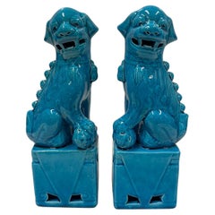 Vintage Chinese Porcelain Turquoise Foo Dog Figurines - a Pair