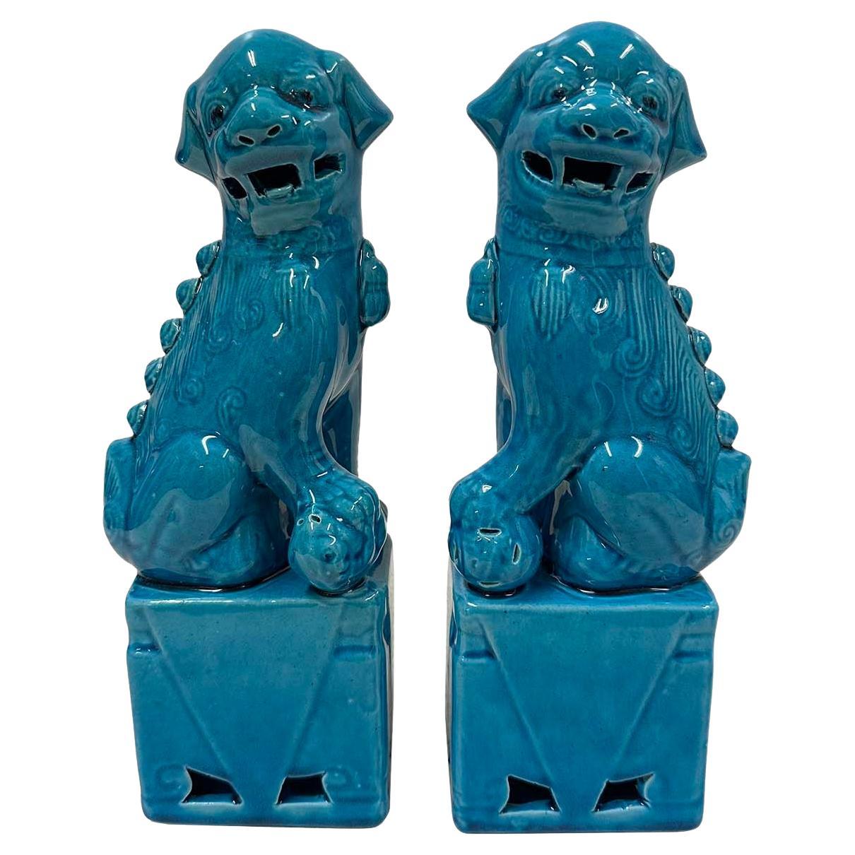 Vintage Chinese Porcelain Turquoise Foo Dog Figurines - a Pair