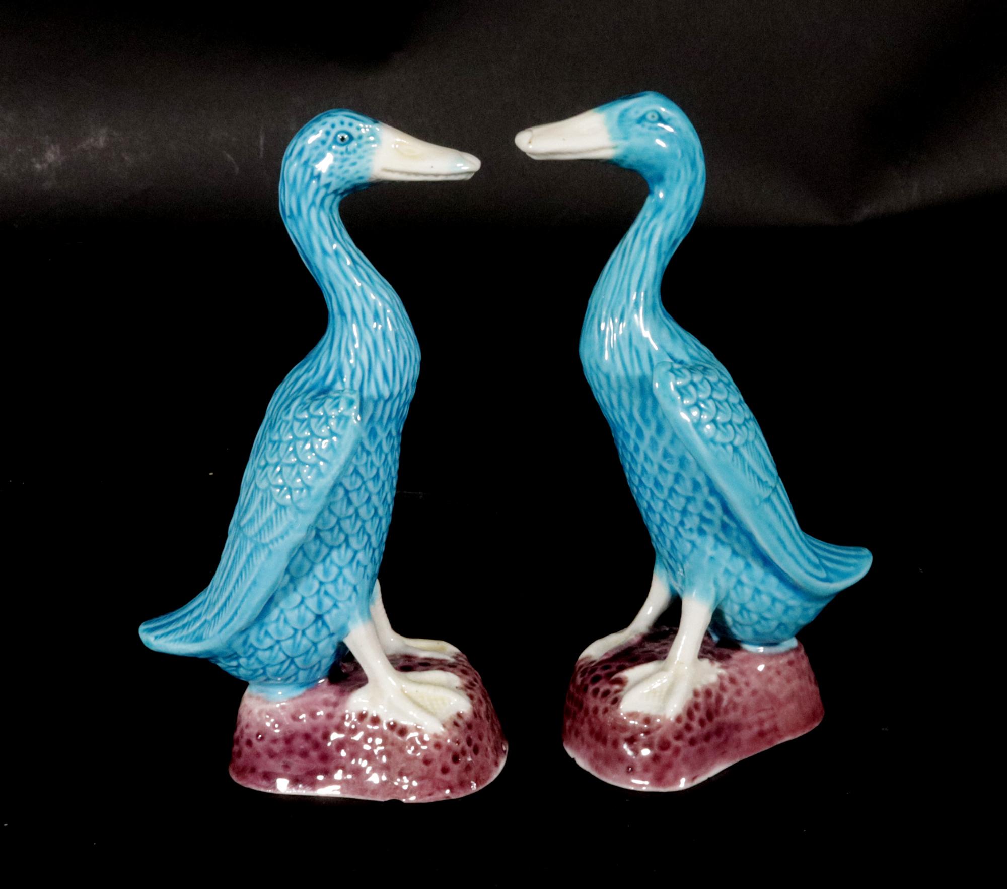 Chinese Export Vintage Chinese Porcelain Turquoise Pair of Indian Runner Ducks For Sale