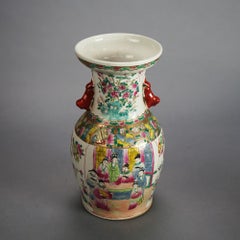 Vintage Chinese Porcelain Vase with Genre Scene & Garden Flowers, Stamped, C1930