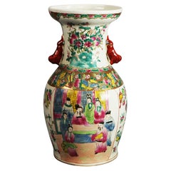 Antique Chinese Porcelain Vase with Genre Scene & Garden Flowers, Stamped, C1930