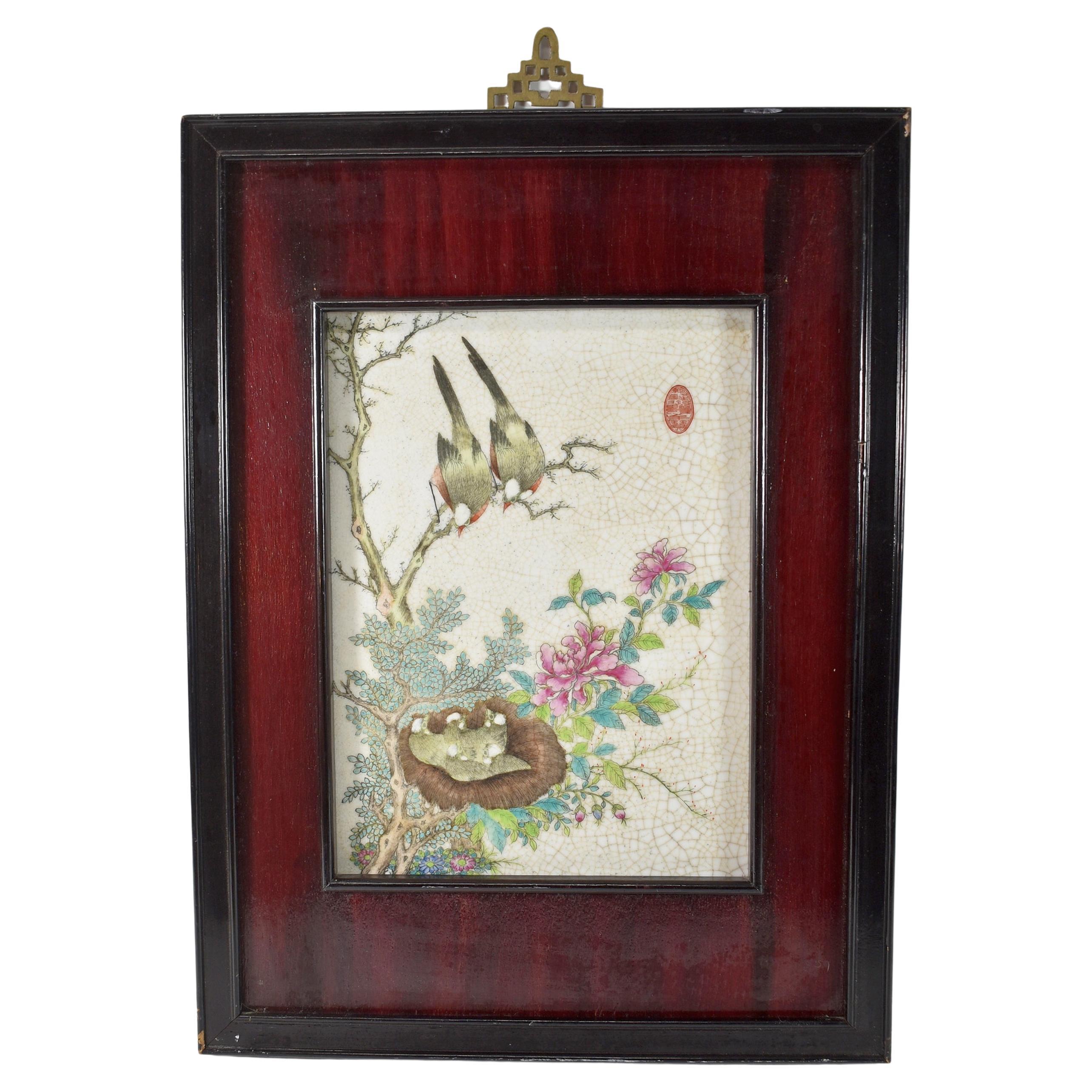 Vintage Chinese Porcelain Wall Art Plaque Framed and Signed For Sale