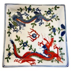 Vintage Chinese Porcelain Wucai Blue and Red Dragons Dish Catchall