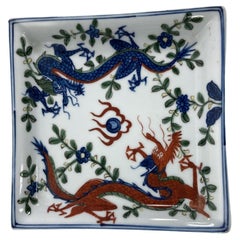 Retro Chinese Porcelain Wucai Blue and Red Dragons Dish Catchall