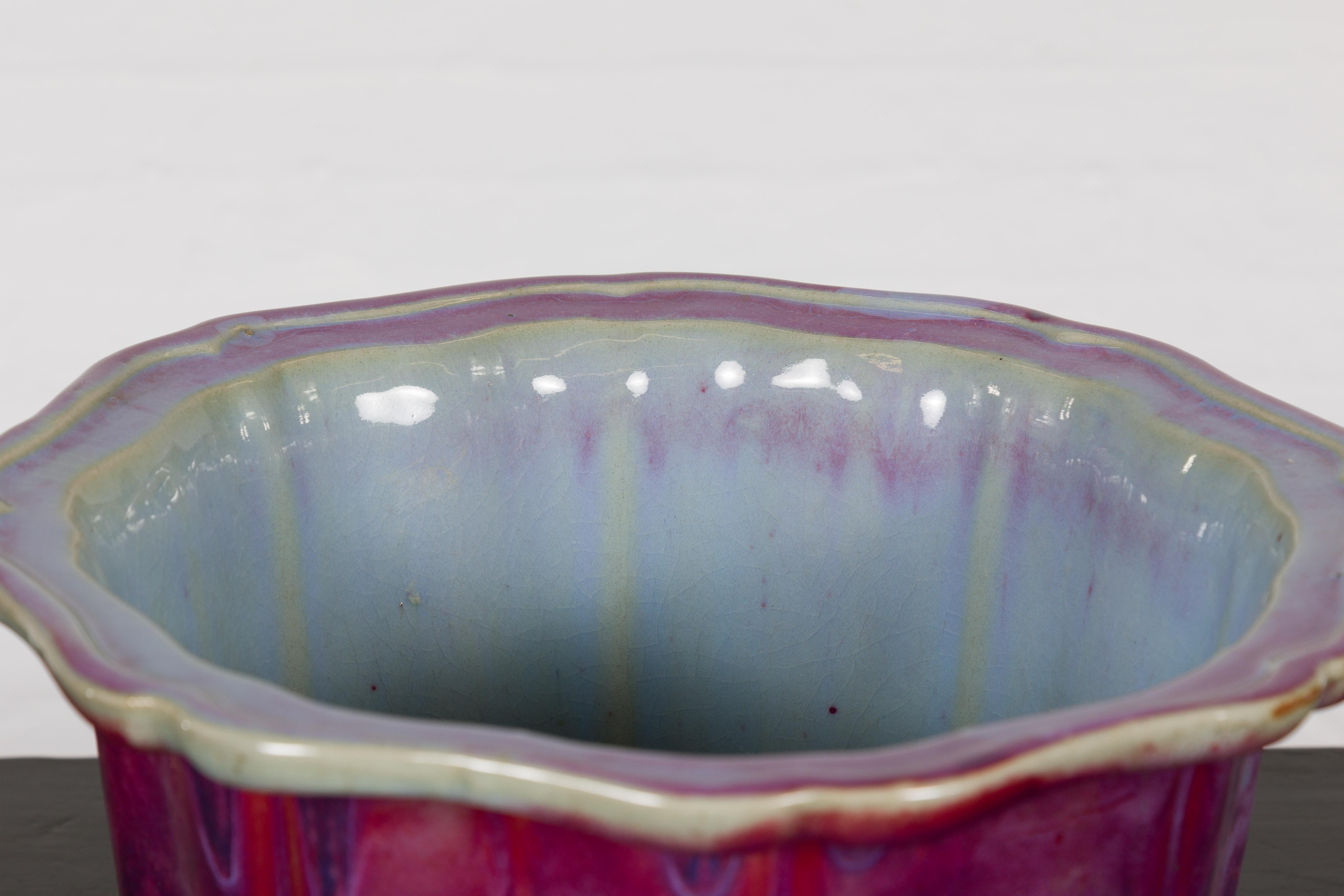 Vintage Chinese Purple, Blue and Red Glazed Flower Pot with Scalloped Top 6