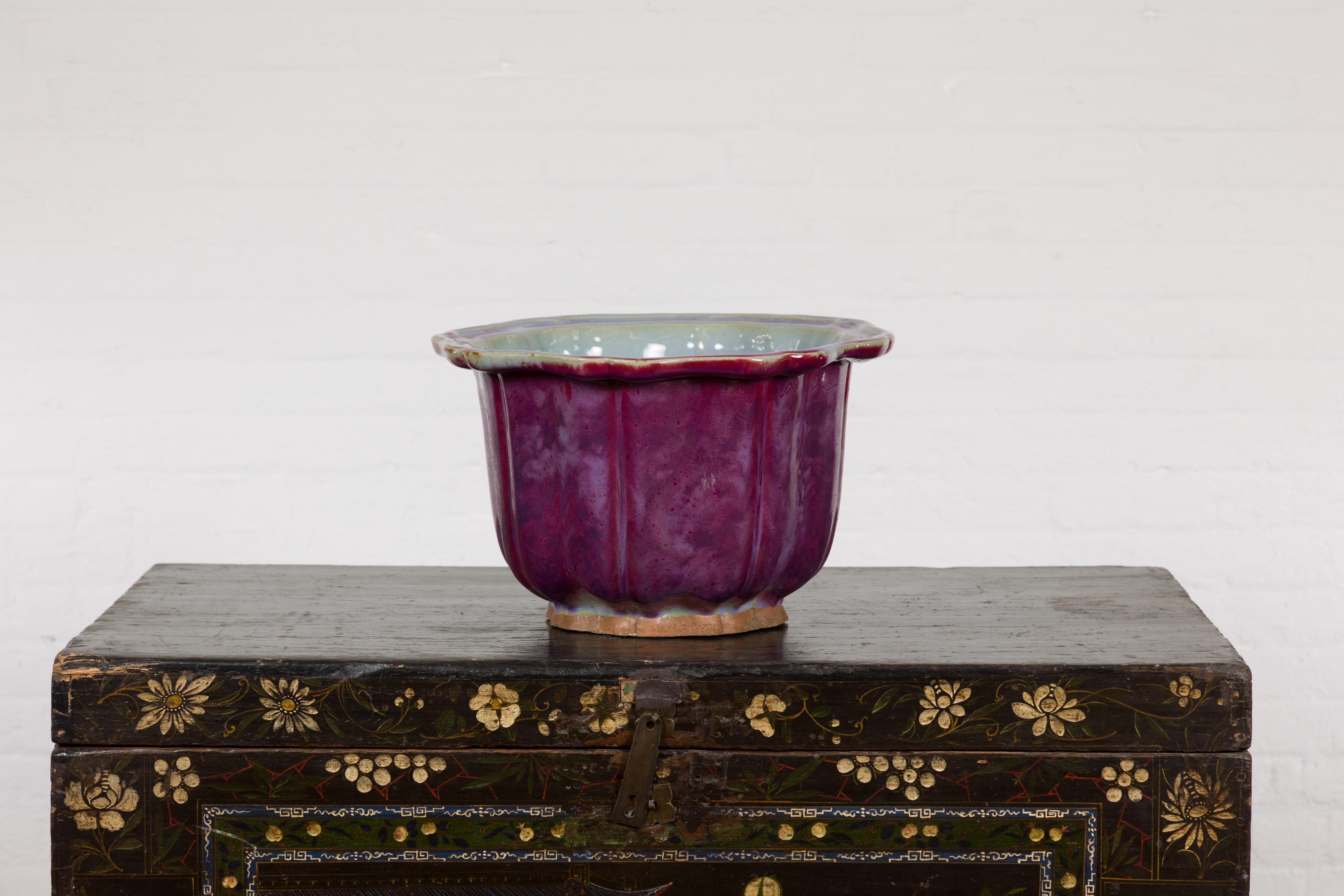 Vintage Chinese Purple, Blue and Red Glazed Flower Pot with Scalloped Top 7