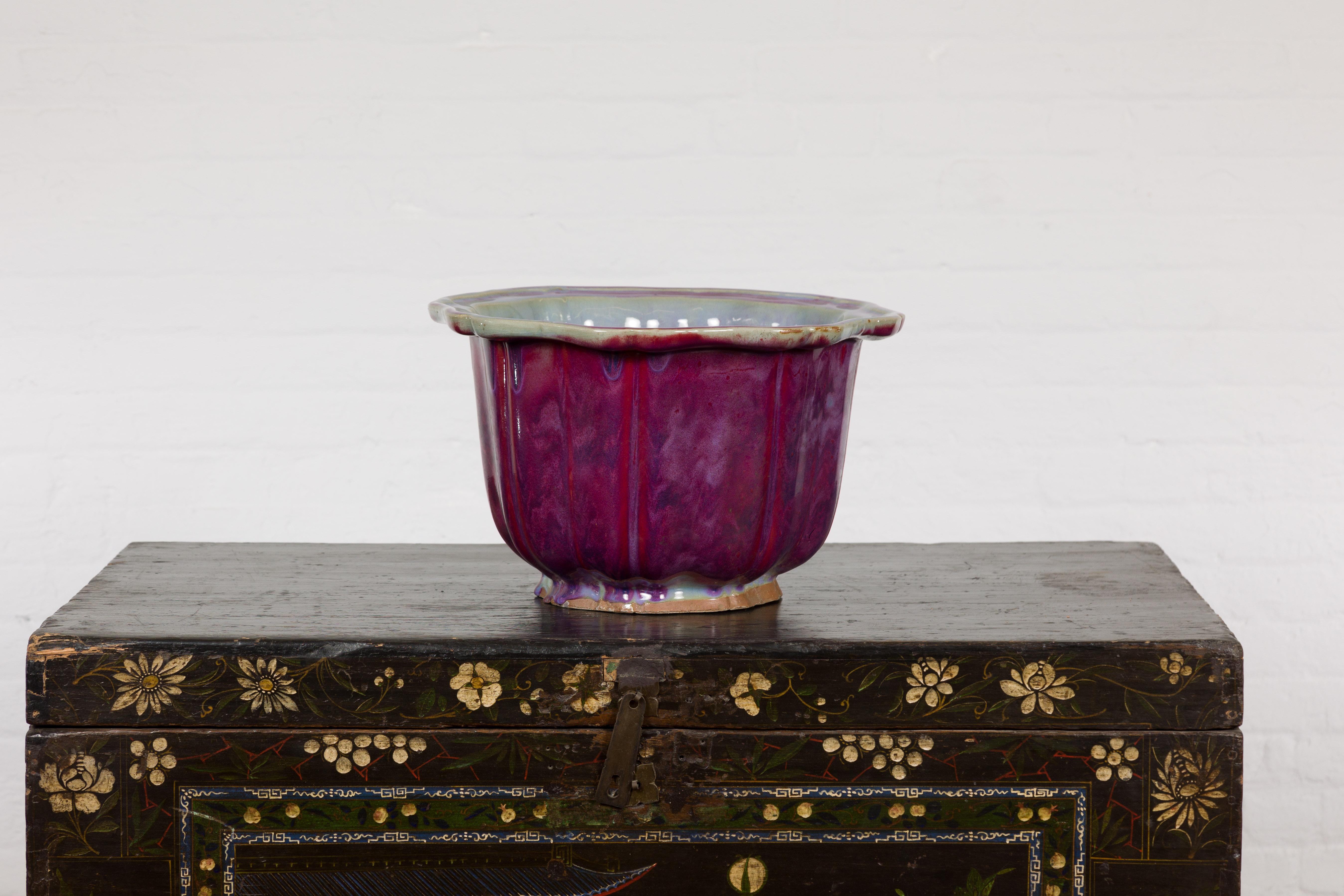 Vintage Chinese Purple, Blue and Red Glazed Flower Pot with Scalloped Top 8