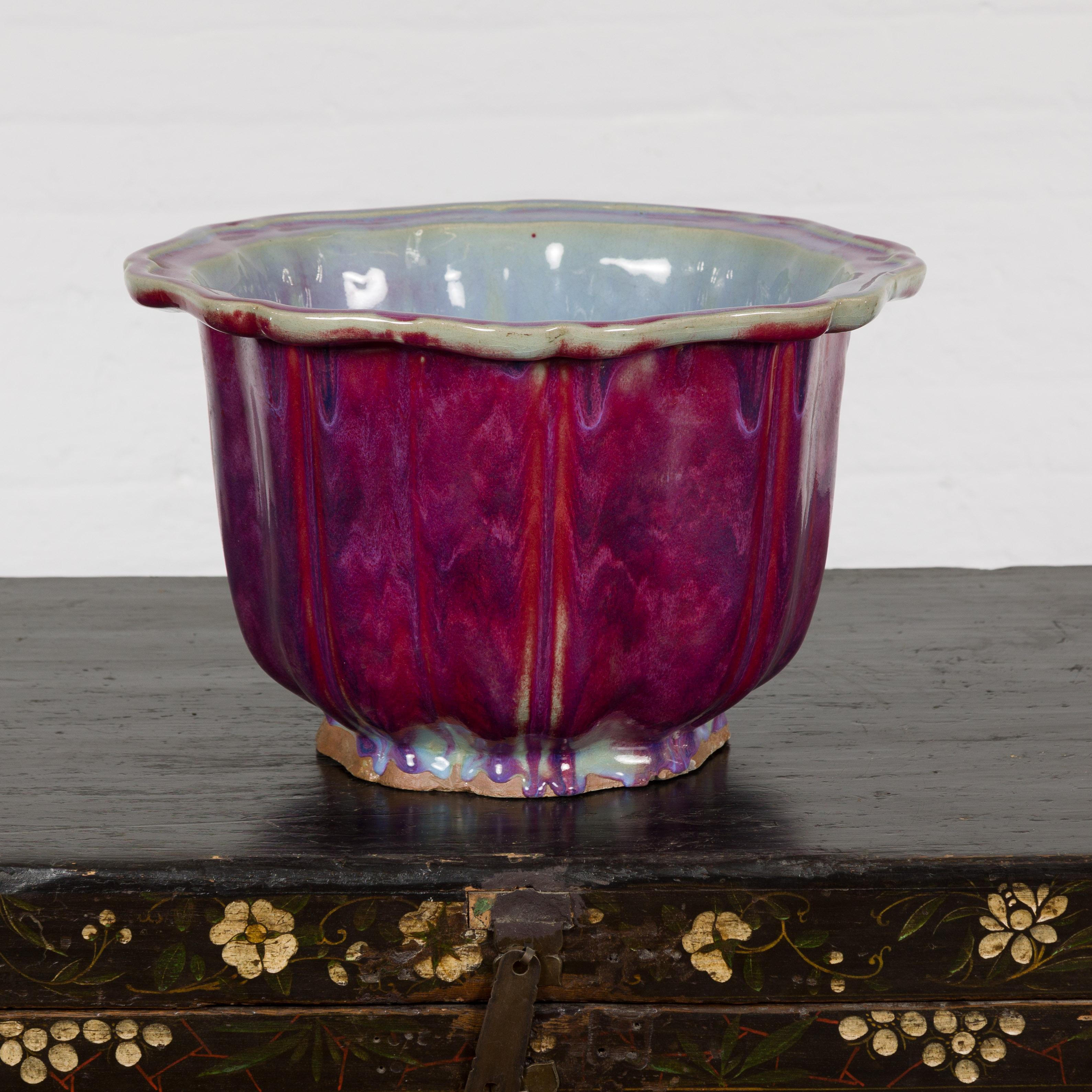 Vintage Chinese Purple, Blue and Red Glazed Flower Pot with Scalloped Top 9