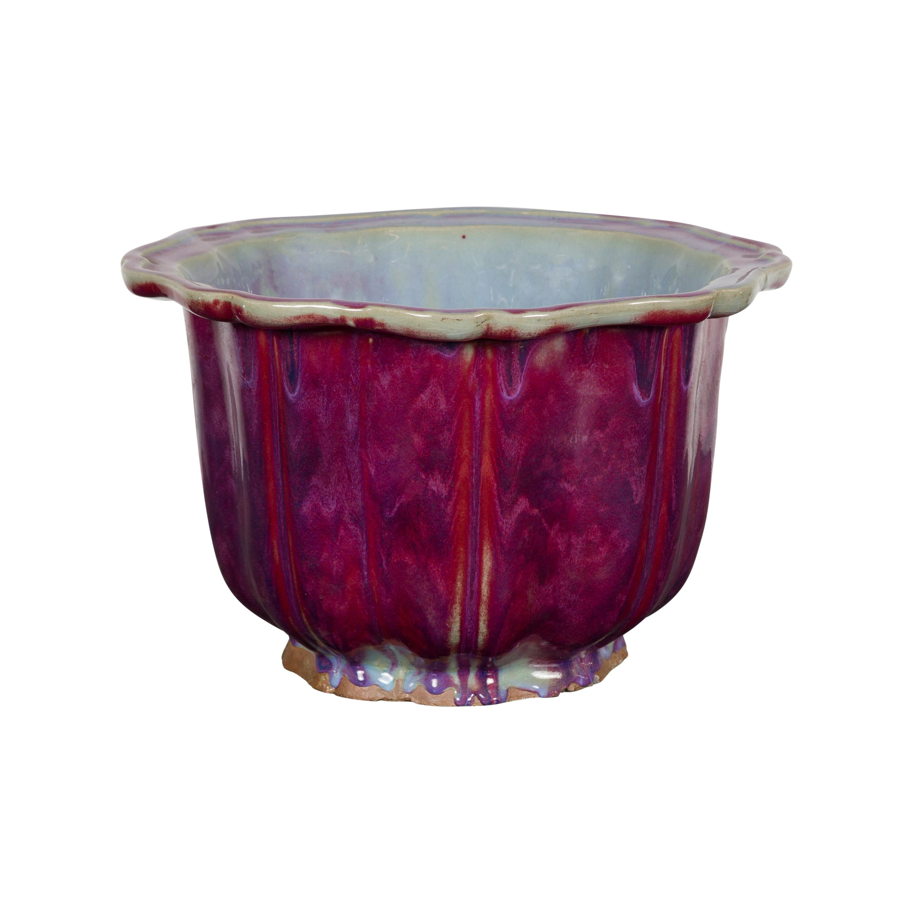 Vintage Chinese Purple, Blue and Red Glazed Flower Pot with Scalloped Top 13