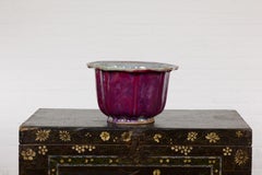 Vintage Chinese Purple, Blue and Red Glazed Flower Pot with Scalloped Top