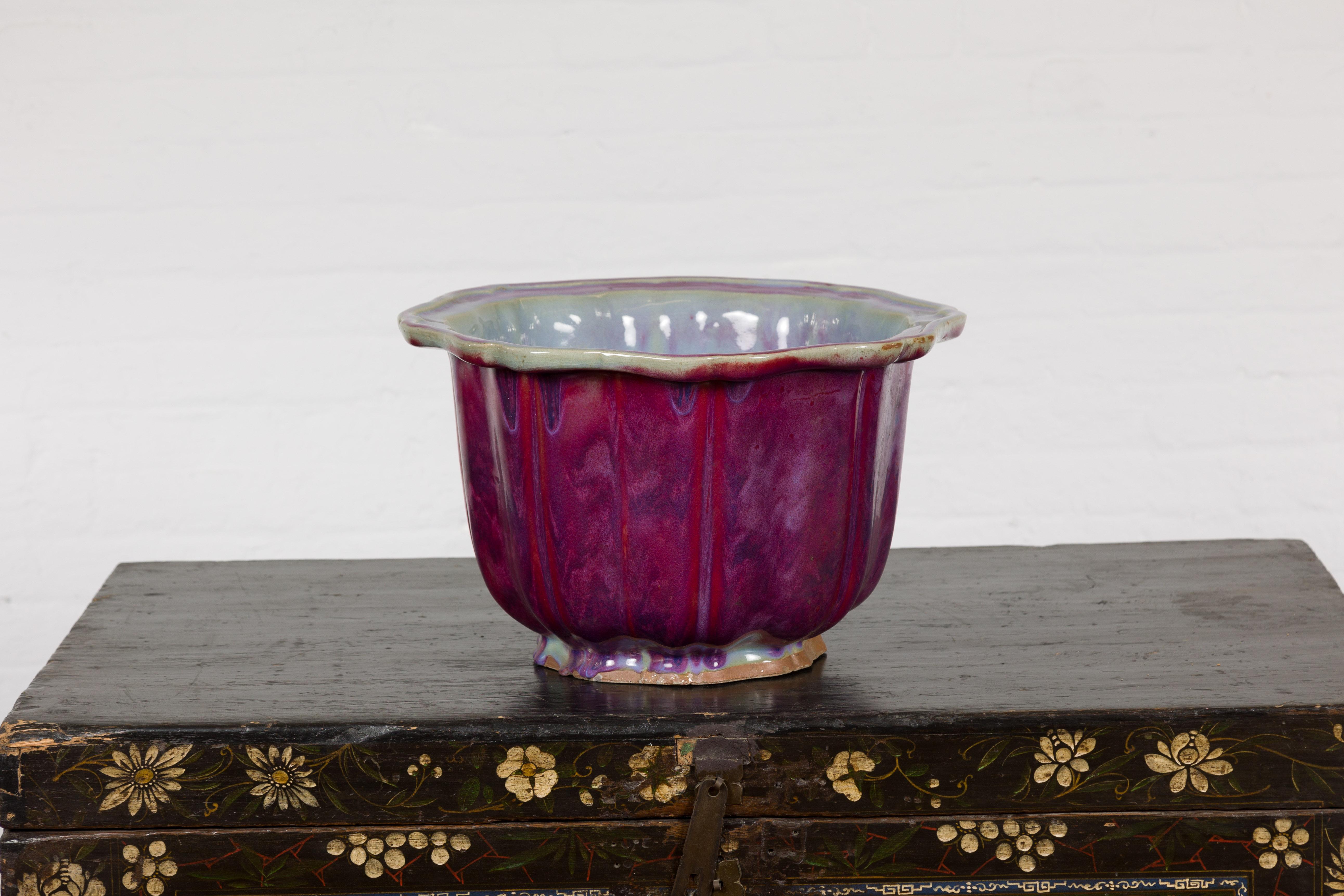 20th Century Vintage Chinese Purple, Blue and Red Glazed Flower Pot with Scalloped Top