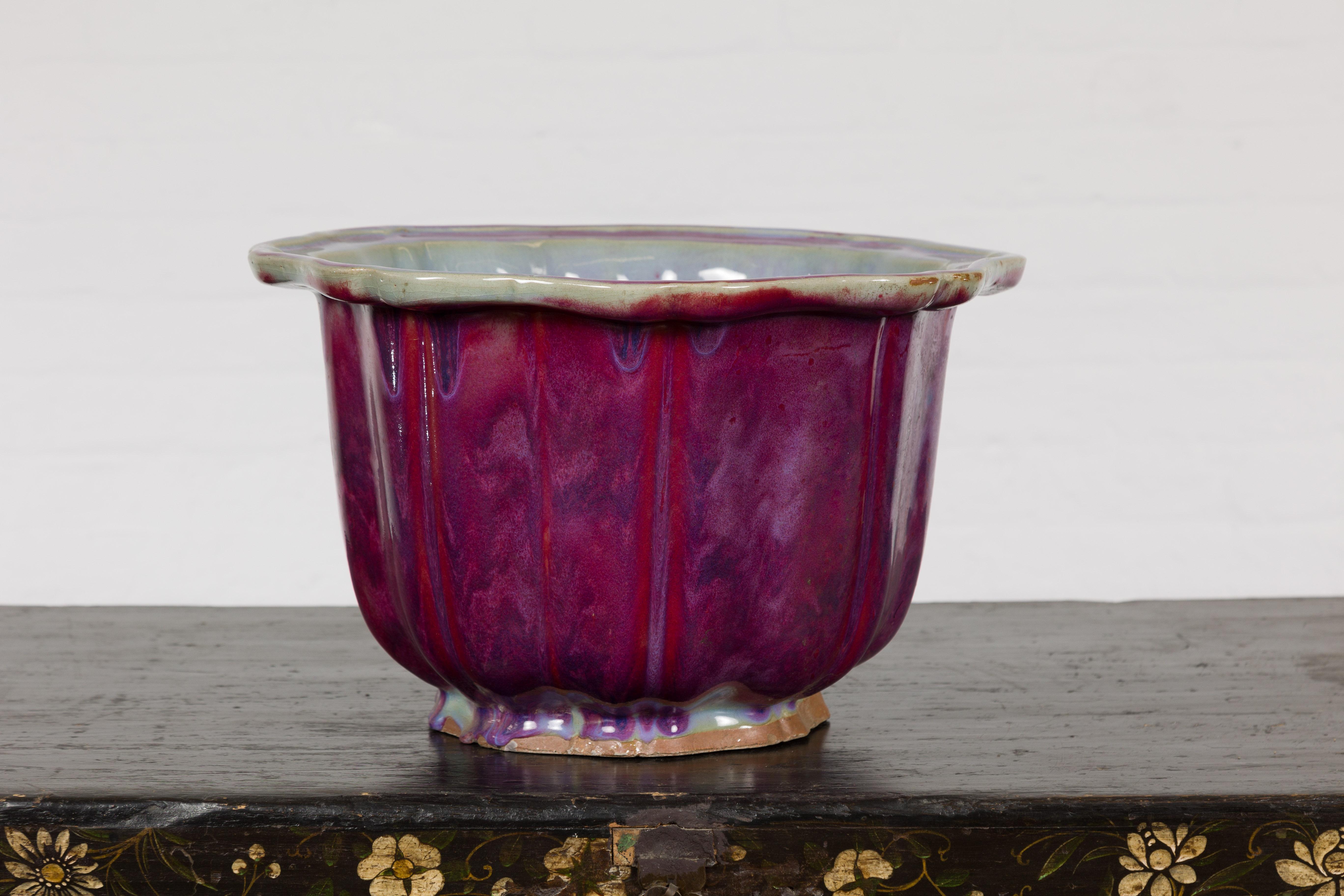 Ceramic Vintage Chinese Purple, Blue and Red Glazed Flower Pot with Scalloped Top